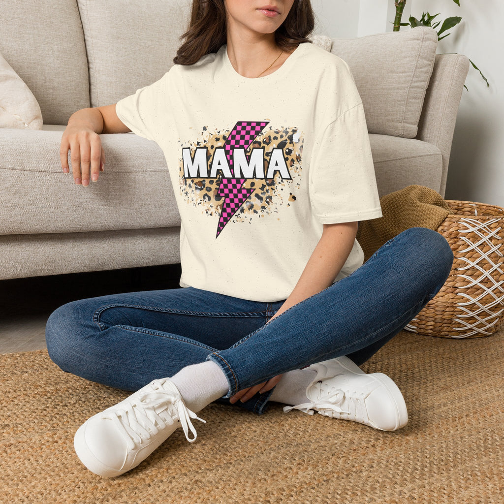 Mama Lightning Bolt Tee — Leopard & Pink Check Graphic T-Shirt for Moms