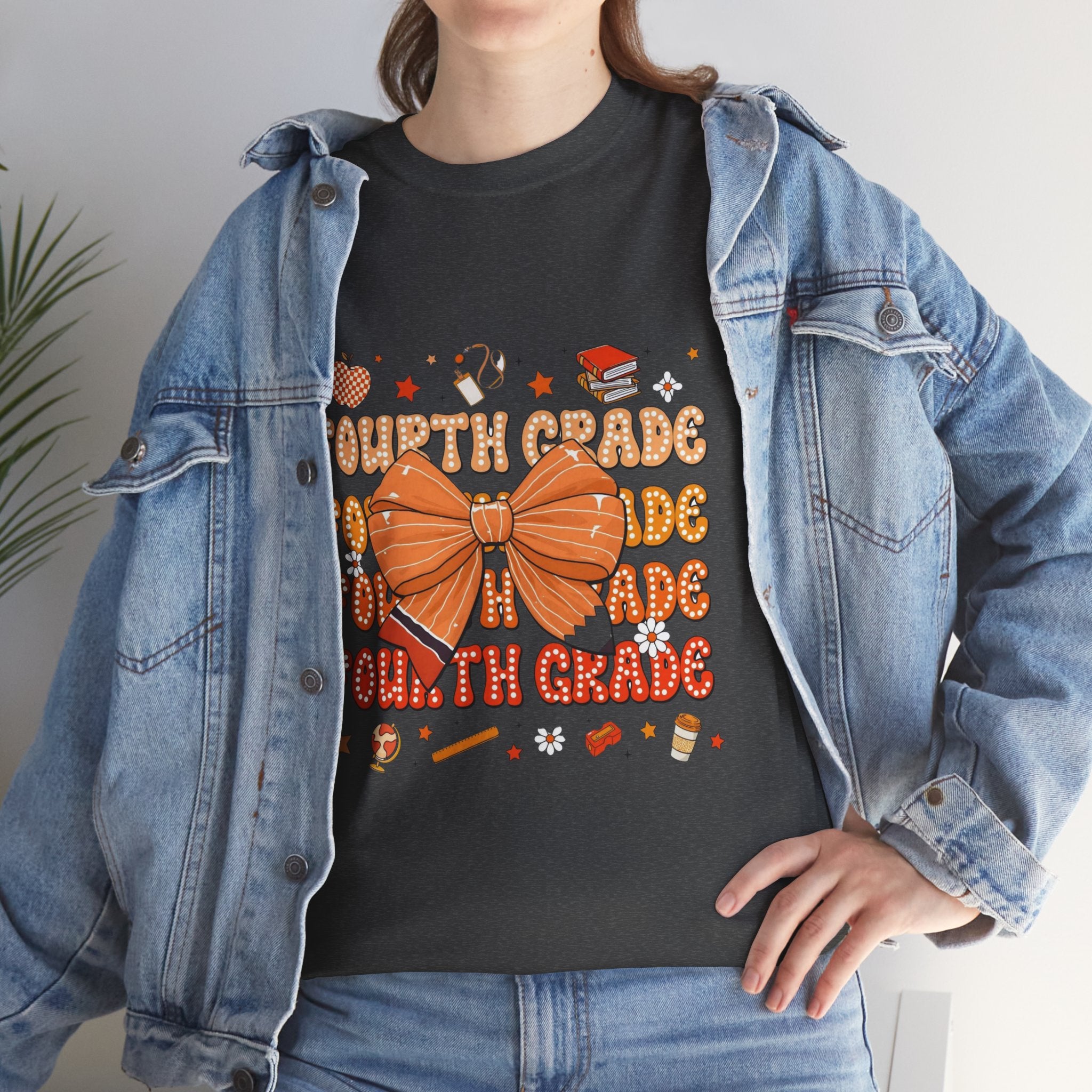 Fourth Grade Bow T-Shirt — Cute Orange School Teacher/Student Tee