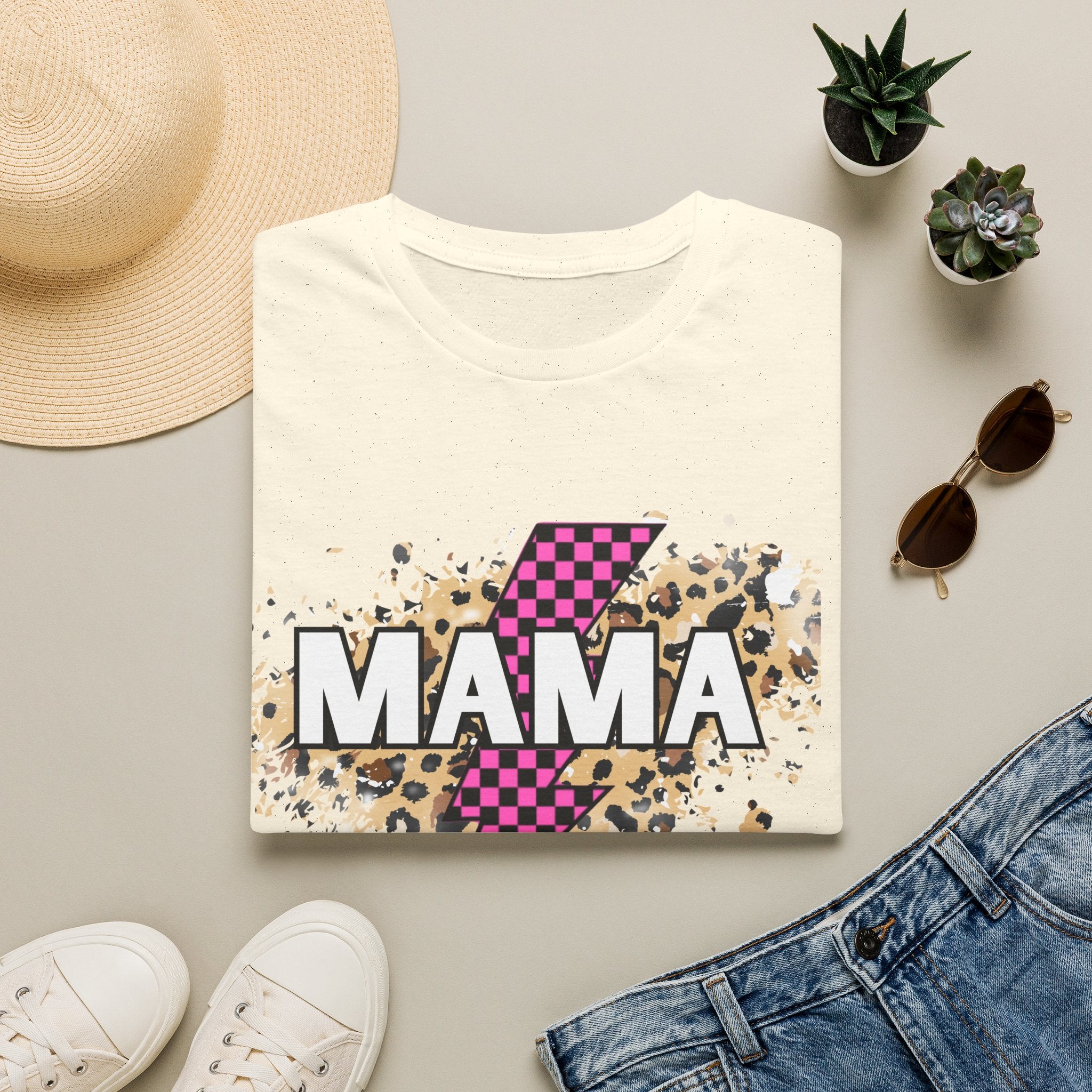 Mama Lightning Bolt Tee — Leopard & Pink Check Graphic T-Shirt for Moms