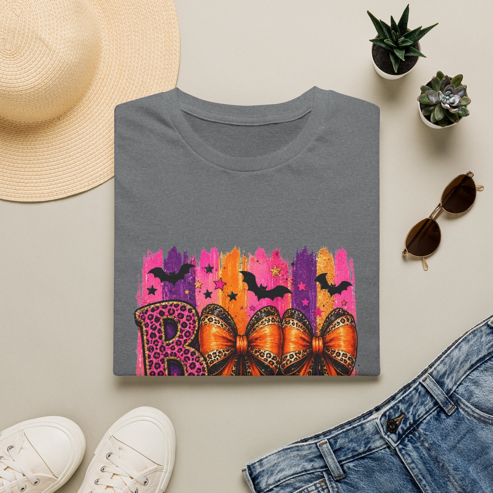 Halloween Bow T-Shirt — 'Boo' Graphic with Leopard & Bat Design