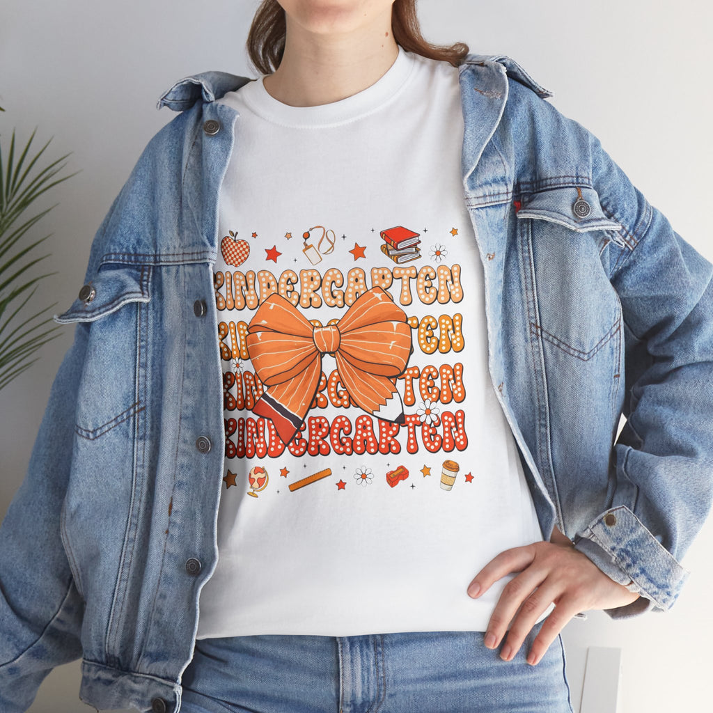 Kindergarten Teacher Bow T-Shirt – Cute Back-to-School Shirt with Orange Bow