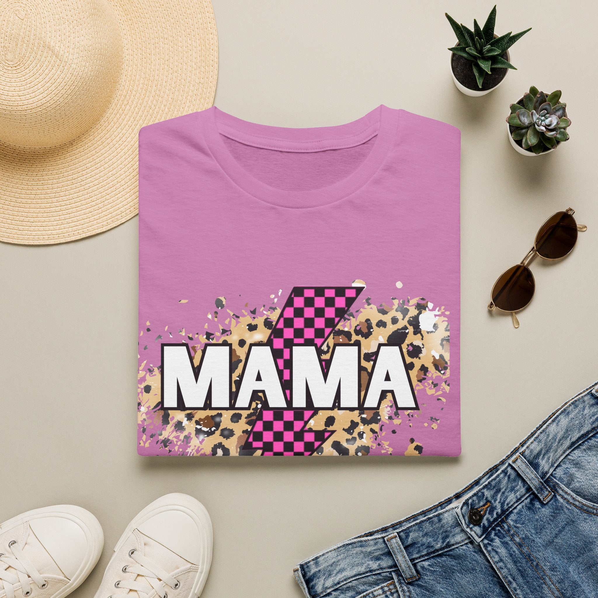 Mama Lightning Bolt Tee — Leopard & Pink Check Graphic T-Shirt for Moms