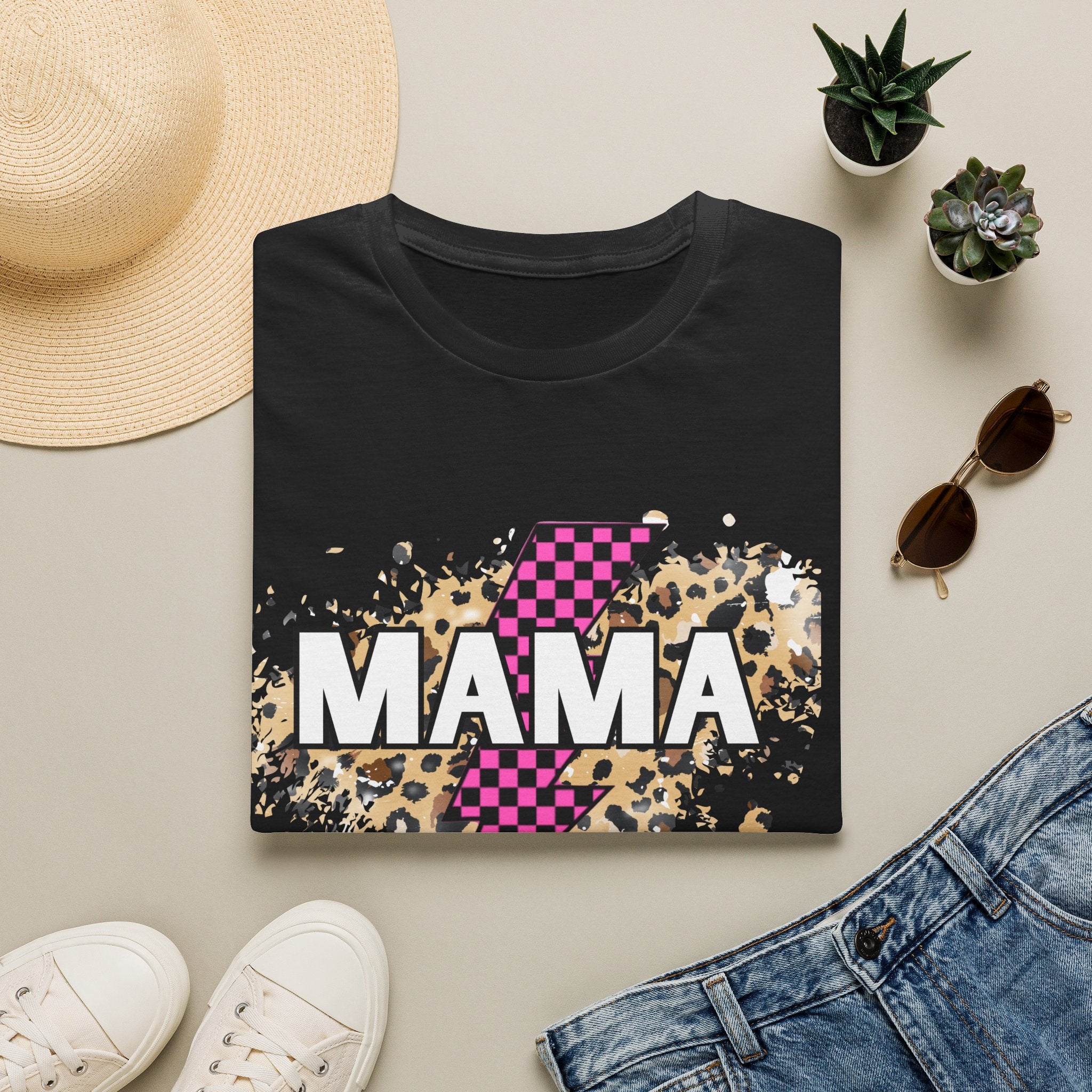 Mama Lightning Bolt Tee — Leopard & Pink Check Graphic T-Shirt for Moms