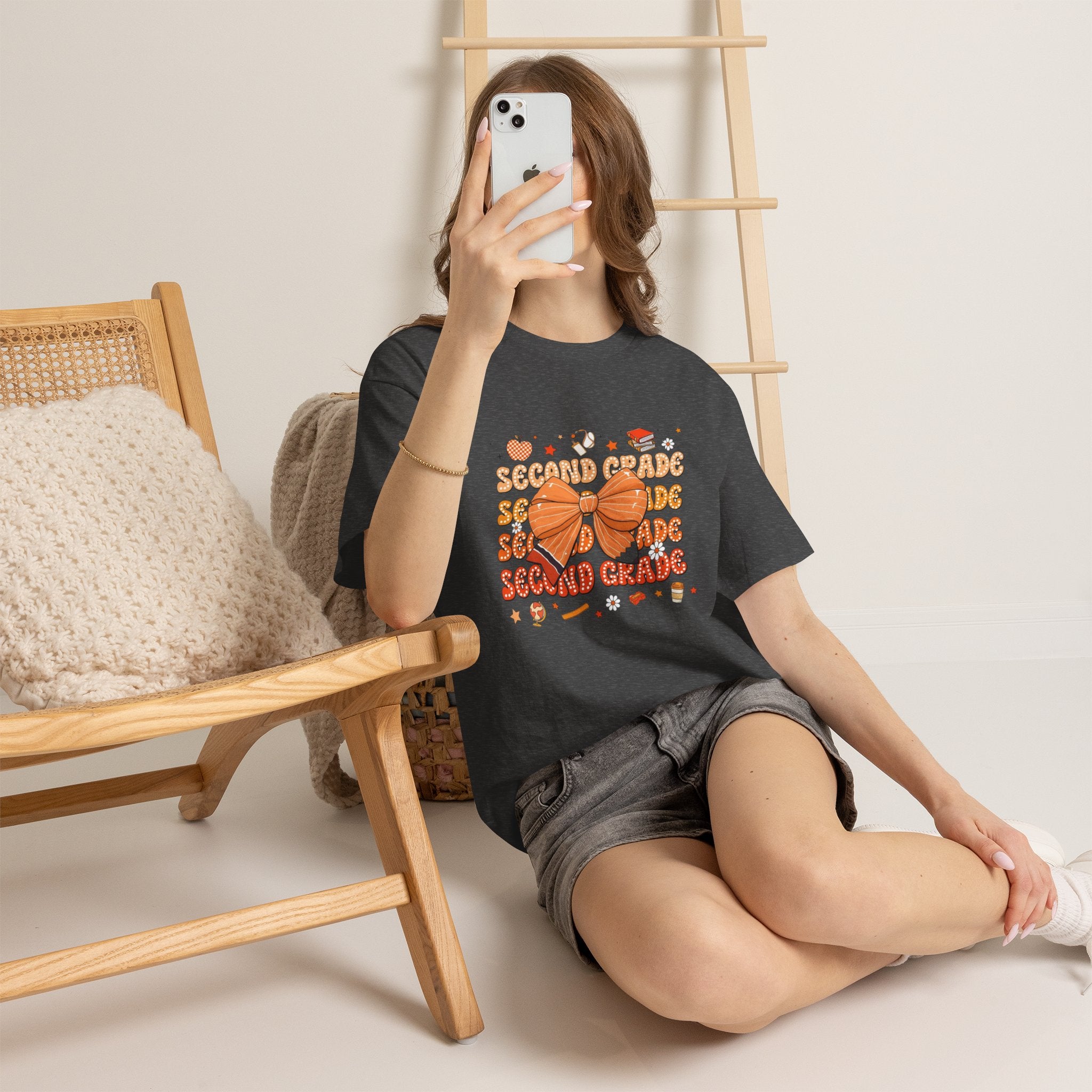 Second Grade Bow T-Shirt - Cute Orange School Teacher Kid Back to School Tee