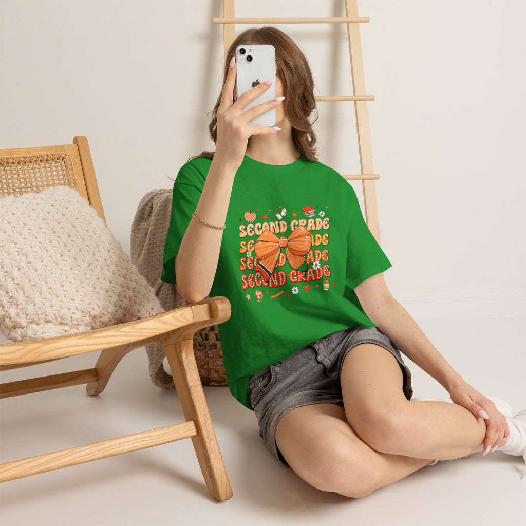 Second Grade Bow T-Shirt - Cute Orange School Teacher Kid Back to School Tee