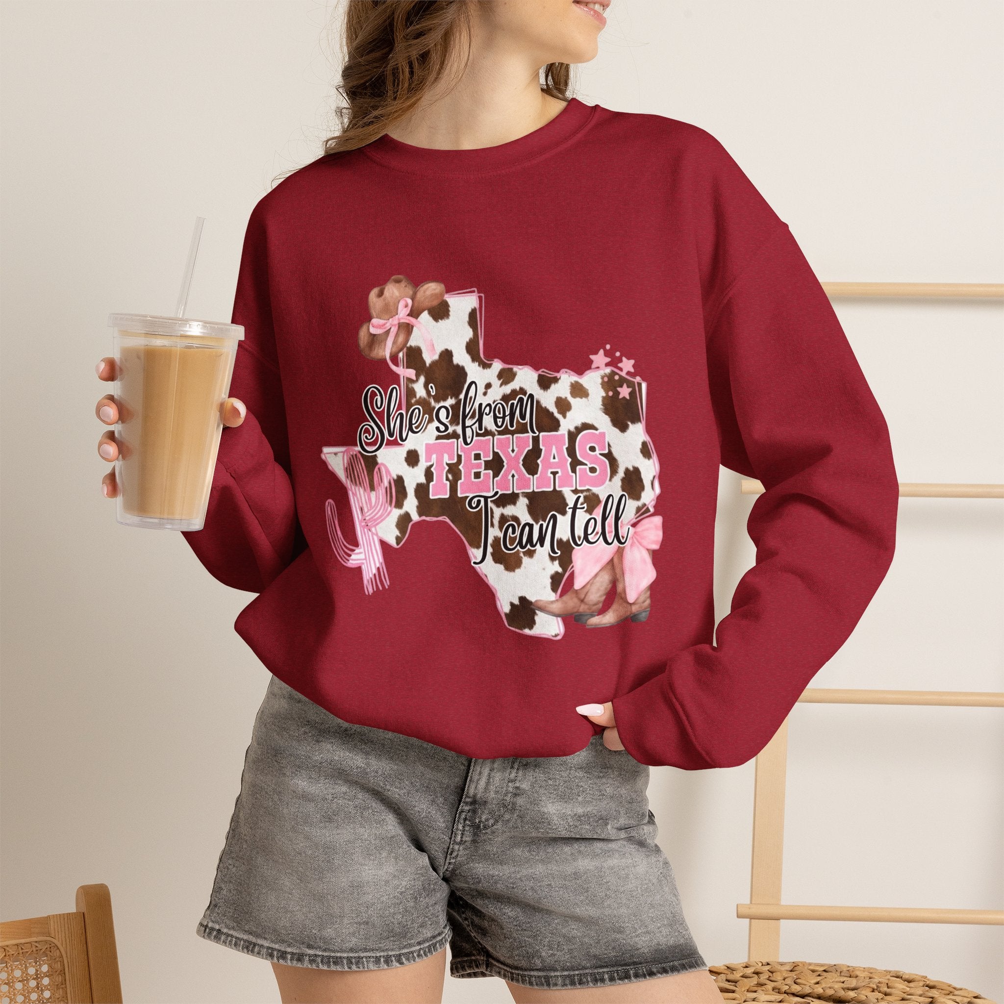 Texas Cowhide Pink Ribbon Sweatshirt - Showin' Texas Y'all Breast Cancer Awareness Crewneck