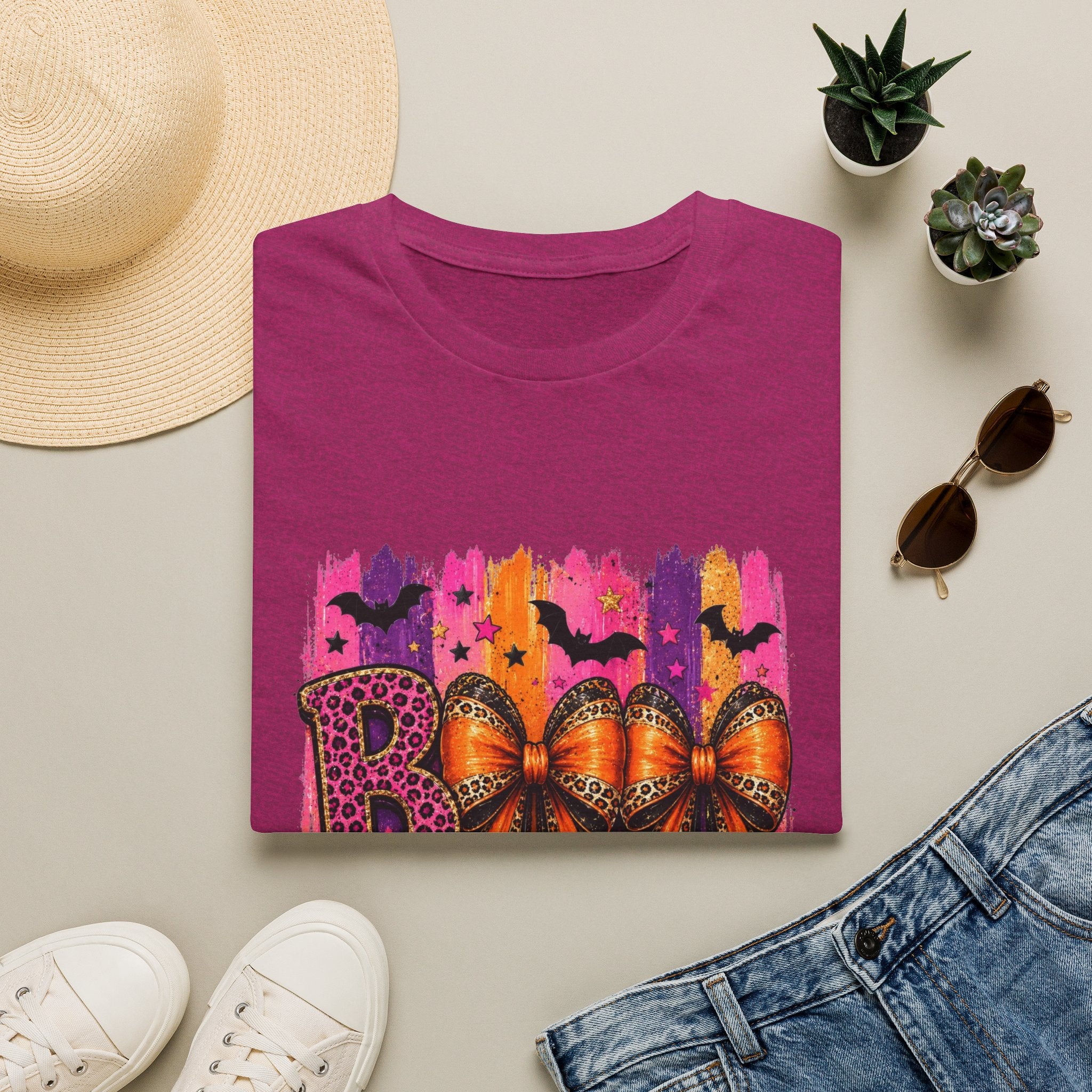 Halloween Bow T-Shirt — 'Boo' Graphic with Leopard & Bat Design