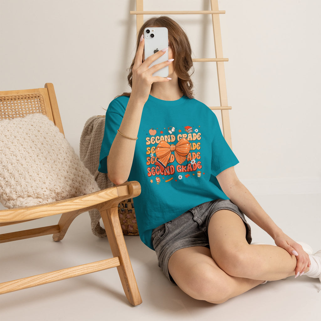 Second Grade Bow T-Shirt - Cute Orange School Teacher Kid Back to School Tee