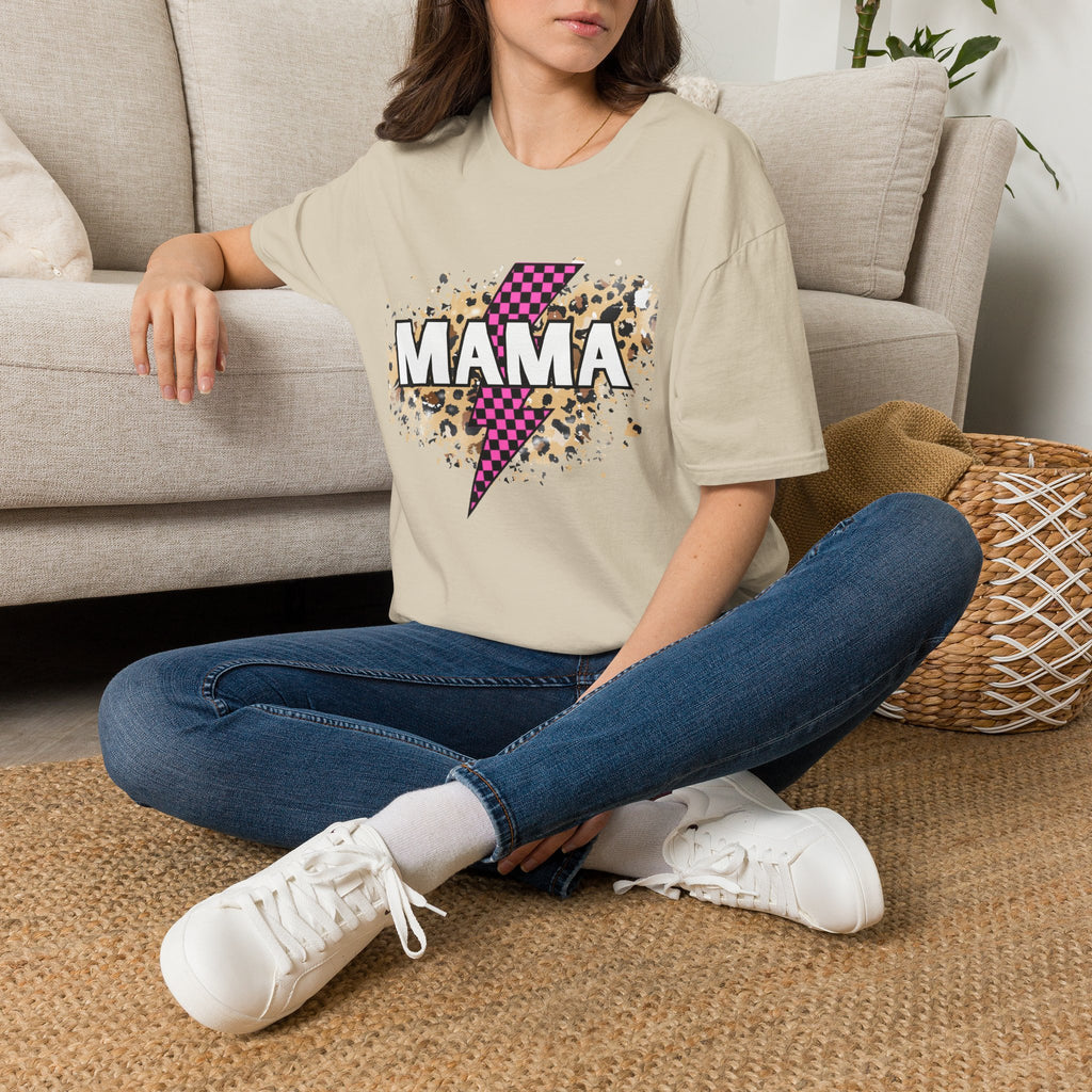 Mama Lightning Bolt Tee — Leopard & Pink Check Graphic T-Shirt for Moms