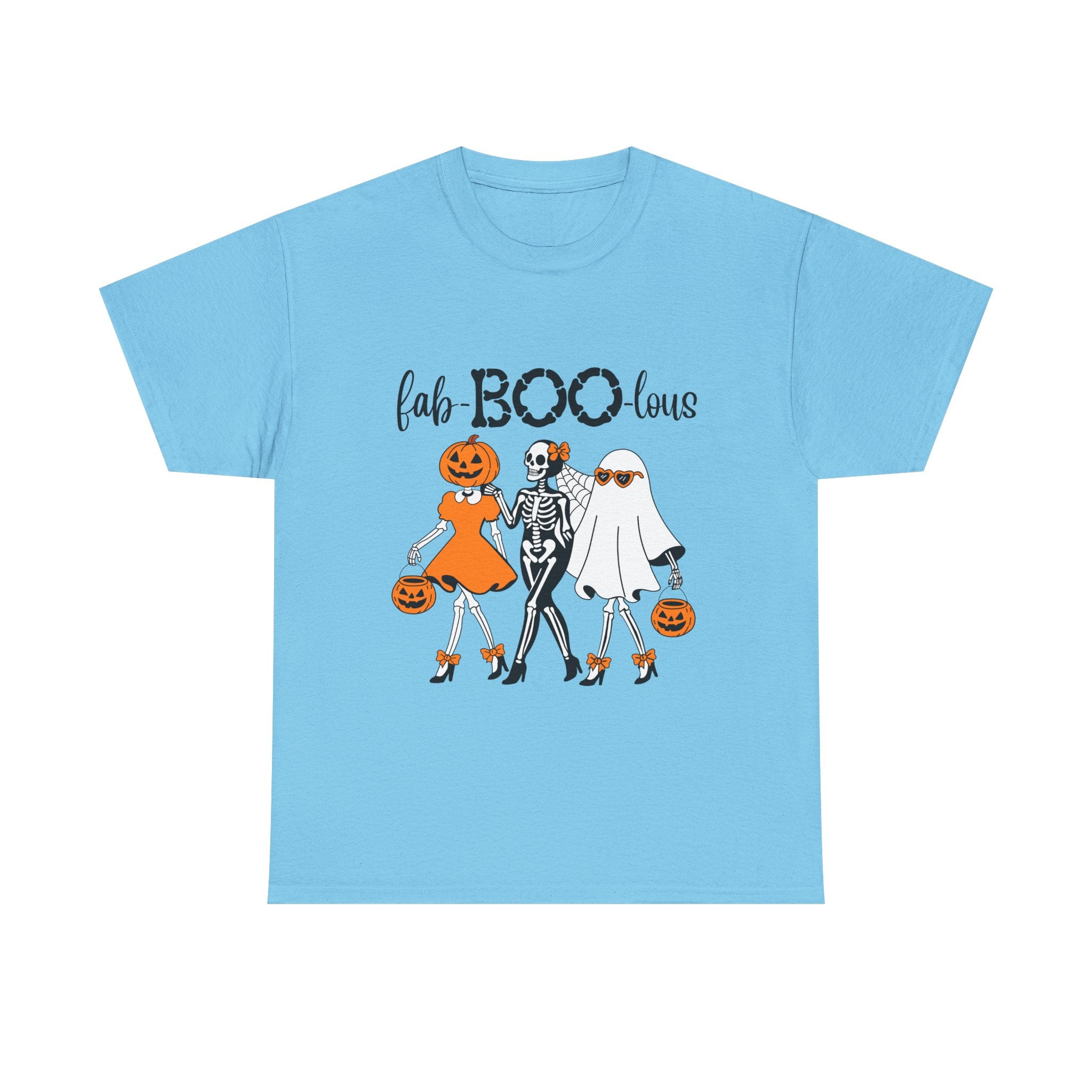 Fab-BOO-lous Halloween Tee — Cute Skeleton, Pumpkin & Ghost Trio Shirt