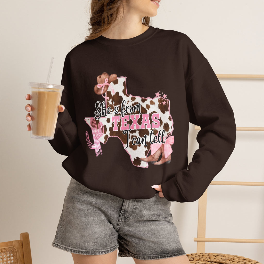 Texas Cowhide Pink Ribbon Sweatshirt - Showin' Texas Y'all Breast Cancer Awareness Crewneck