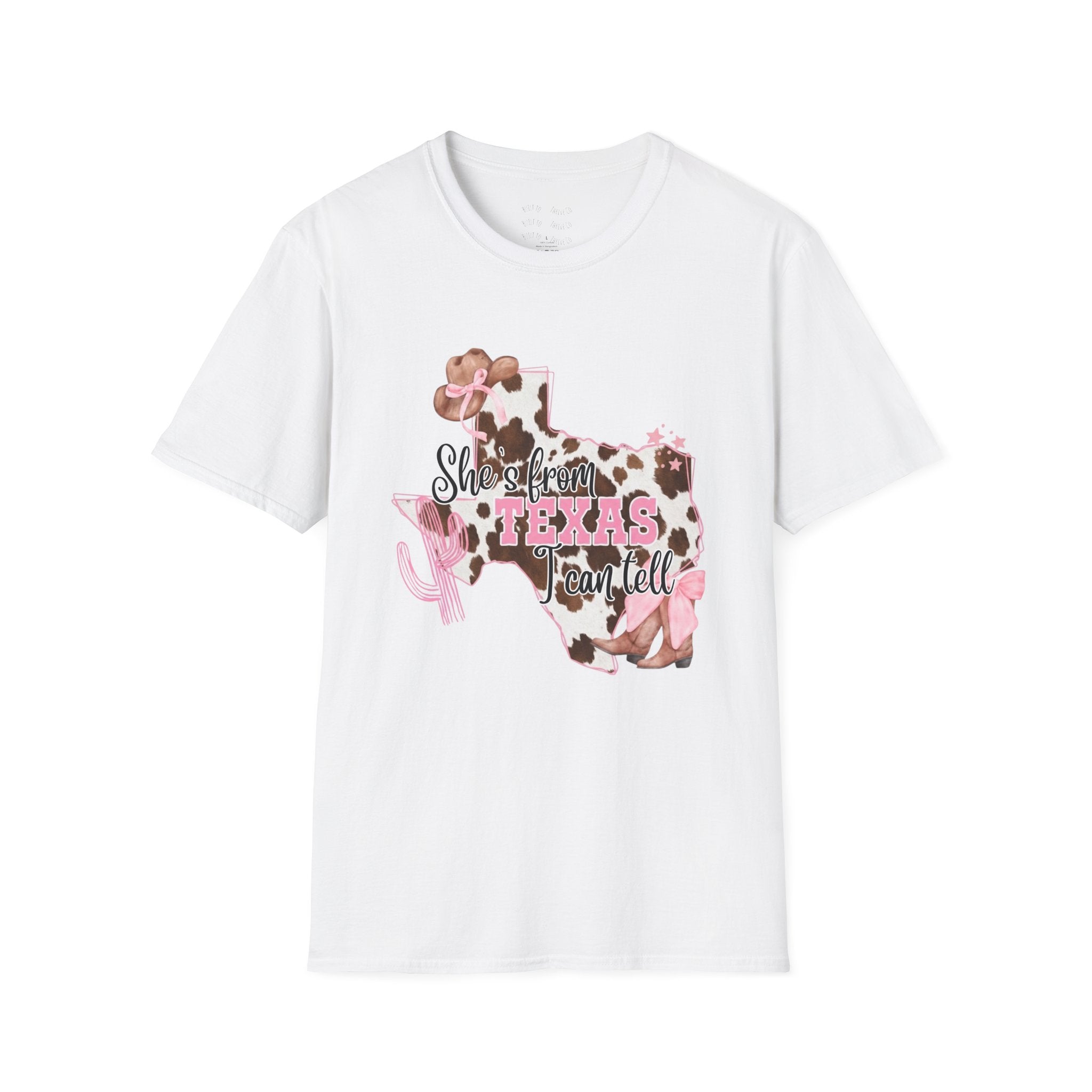 She’s From Texas Cowhide State T-Shirt — Pink Floral Lone Star Tee