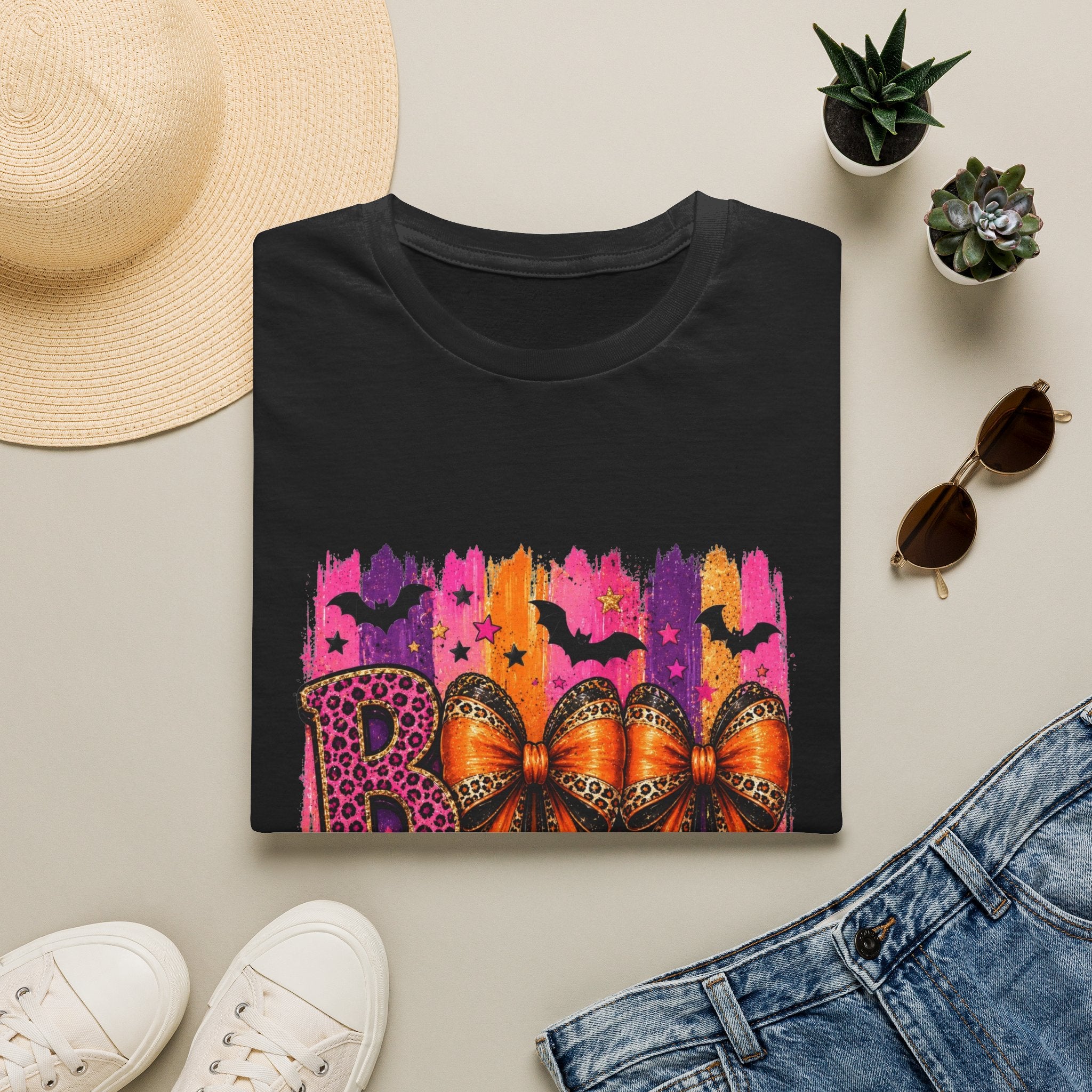 Halloween Bow T-Shirt — 'Boo' Graphic with Leopard & Bat Design