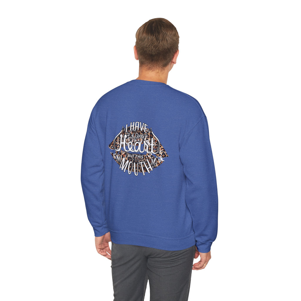 Kiss Graphic Sweatshirt — "I Have a Heart But This Mouth" Lip Print Crewneck