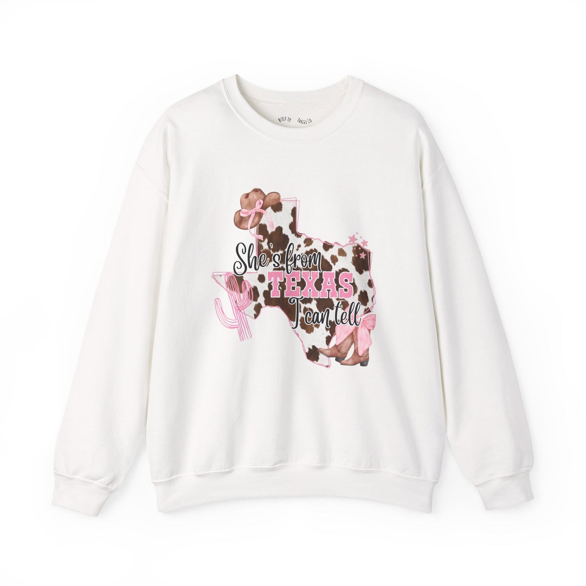 Texas Cowhide Pink Ribbon Sweatshirt - Showin' Texas Y'all Breast Cancer Awareness Crewneck