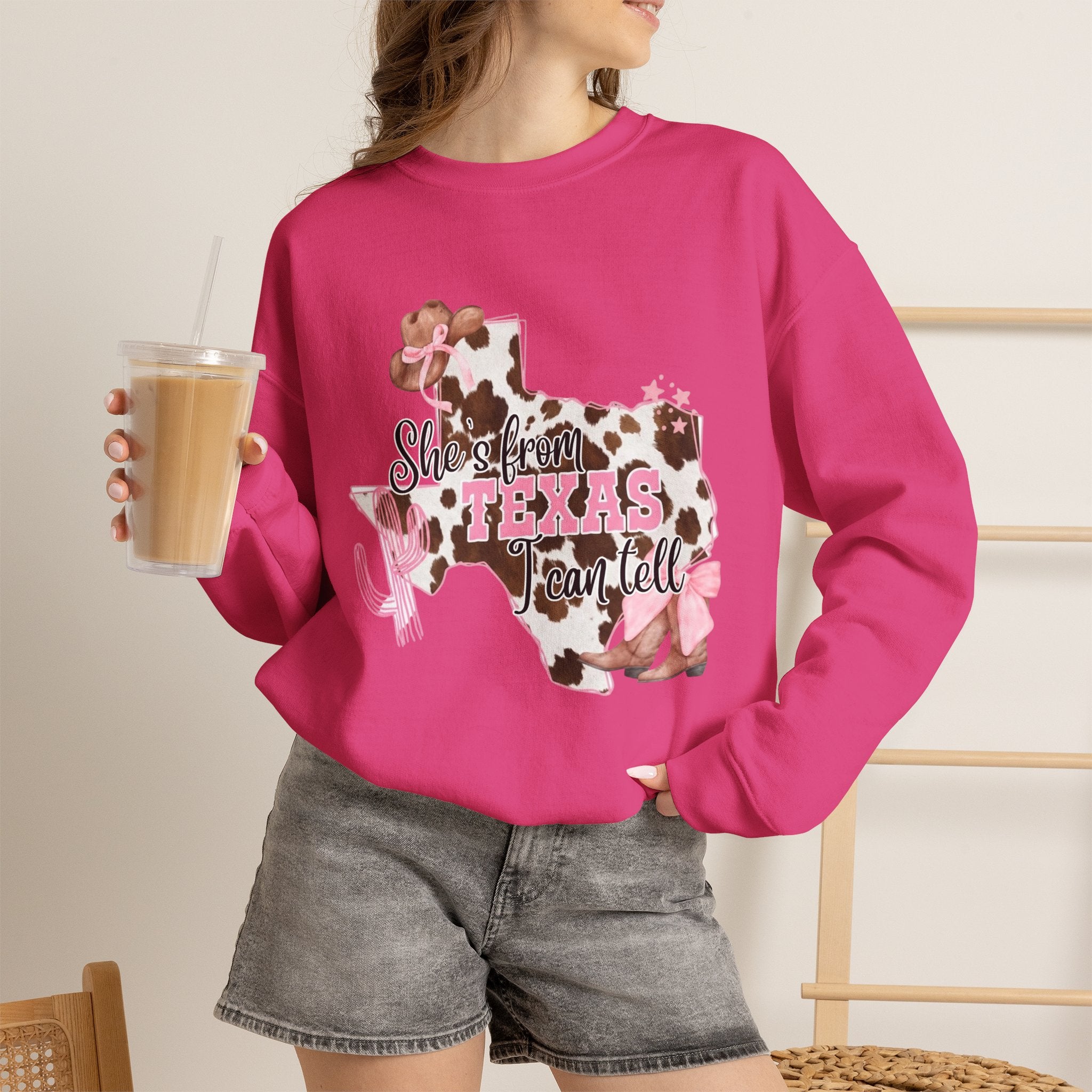 Texas Cowhide Pink Ribbon Sweatshirt - Showin' Texas Y'all Breast Cancer Awareness Crewneck
