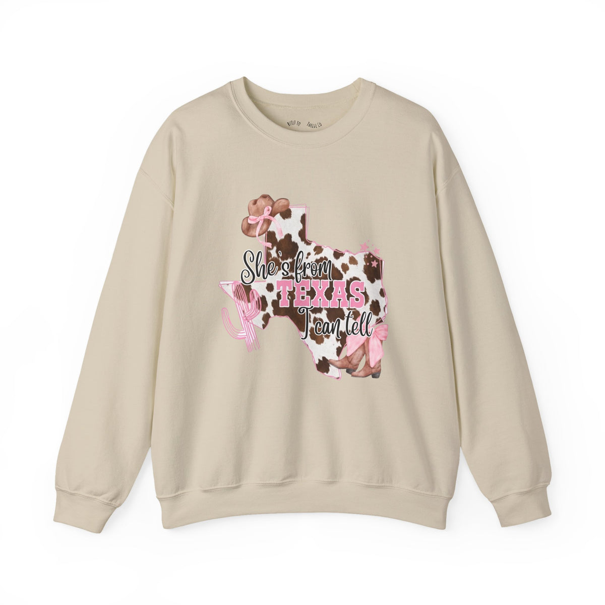 Texas Cowhide Pink Ribbon Sweatshirt - Showin' Texas Y'all Breast Cancer Awareness Crewneck