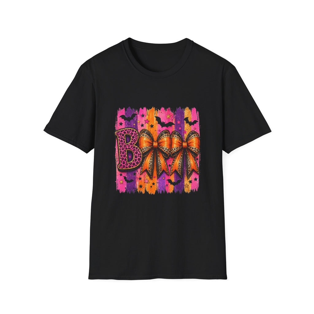 Halloween Bow T-Shirt — 'Boo' Graphic with Leopard & Bat Design