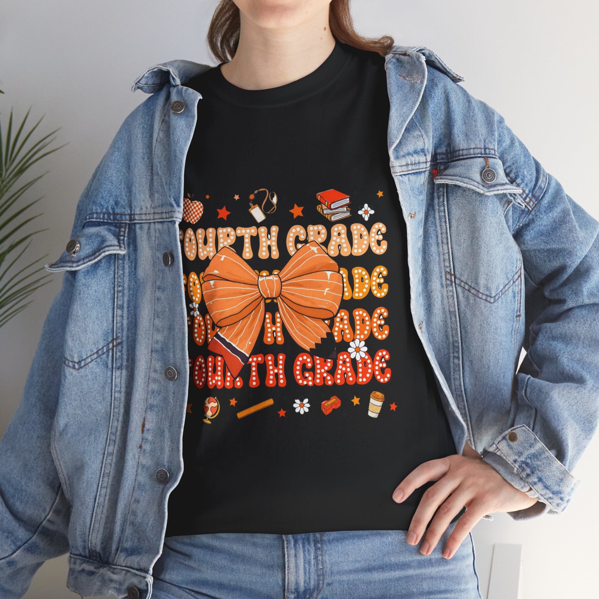 Fourth Grade Bow T-Shirt — Cute Orange School Teacher/Student Tee