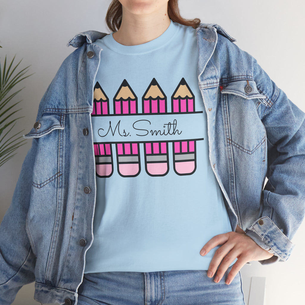 Pink Pencil Name Teacher Tee | Personalized Classroom Shirt