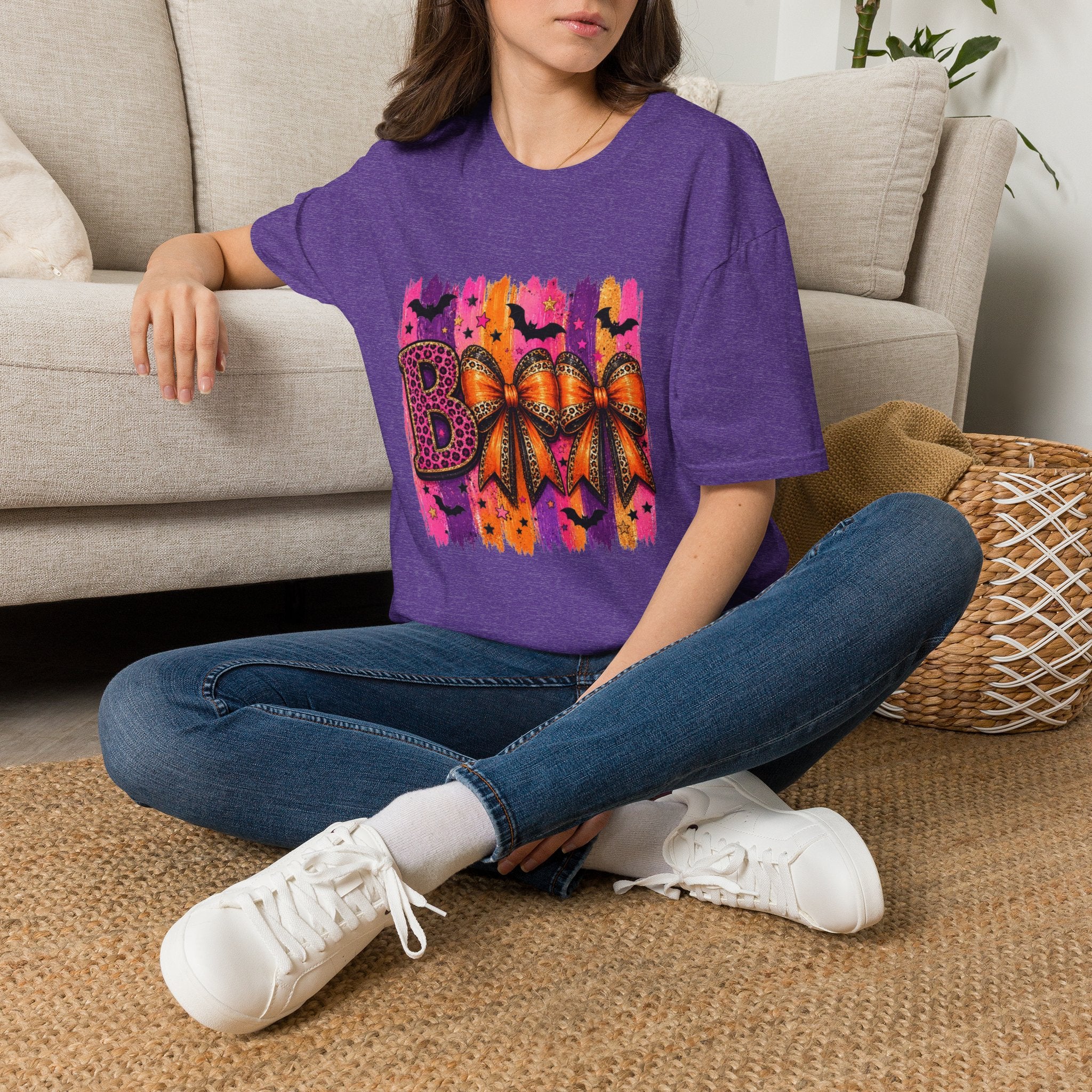 Halloween Bow T-Shirt — 'Boo' Graphic with Leopard & Bat Design