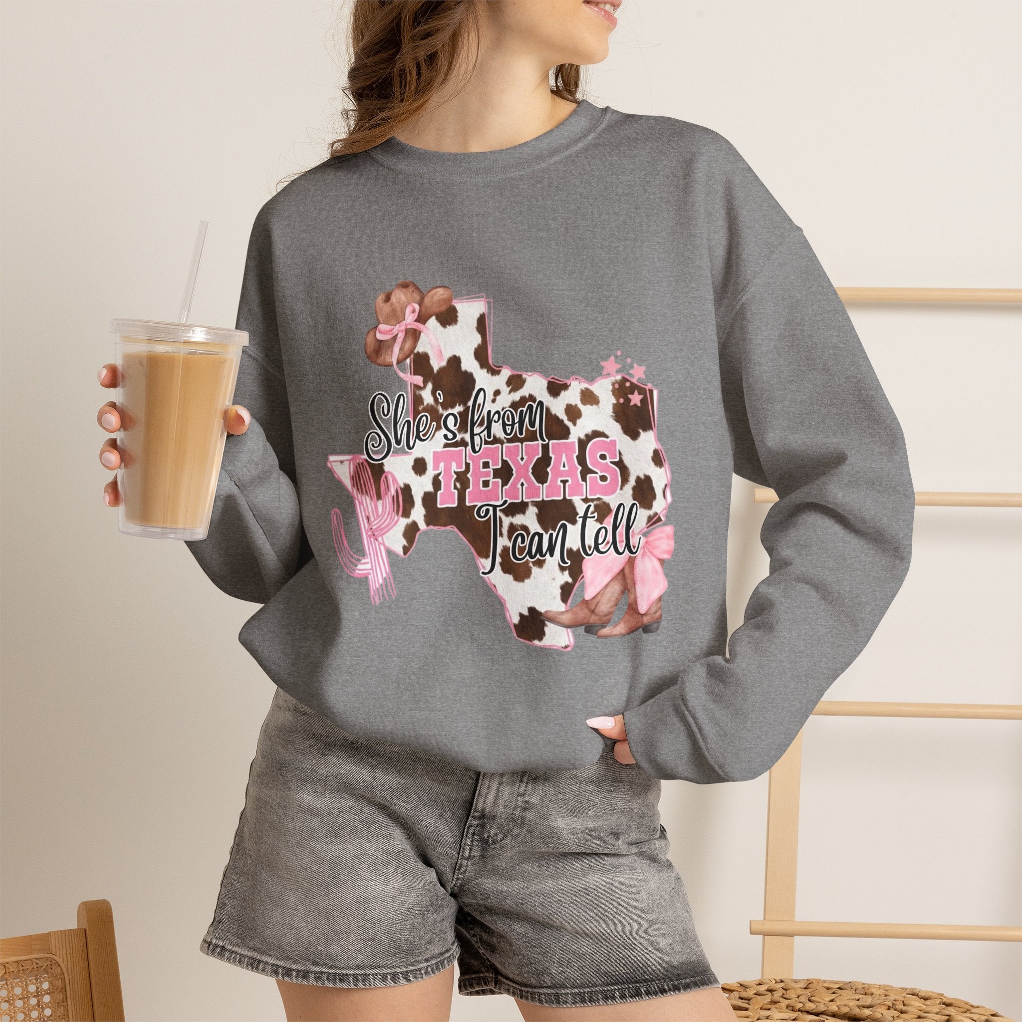 Texas Cowhide Pink Ribbon Sweatshirt - Showin' Texas Y'all Breast Cancer Awareness Crewneck