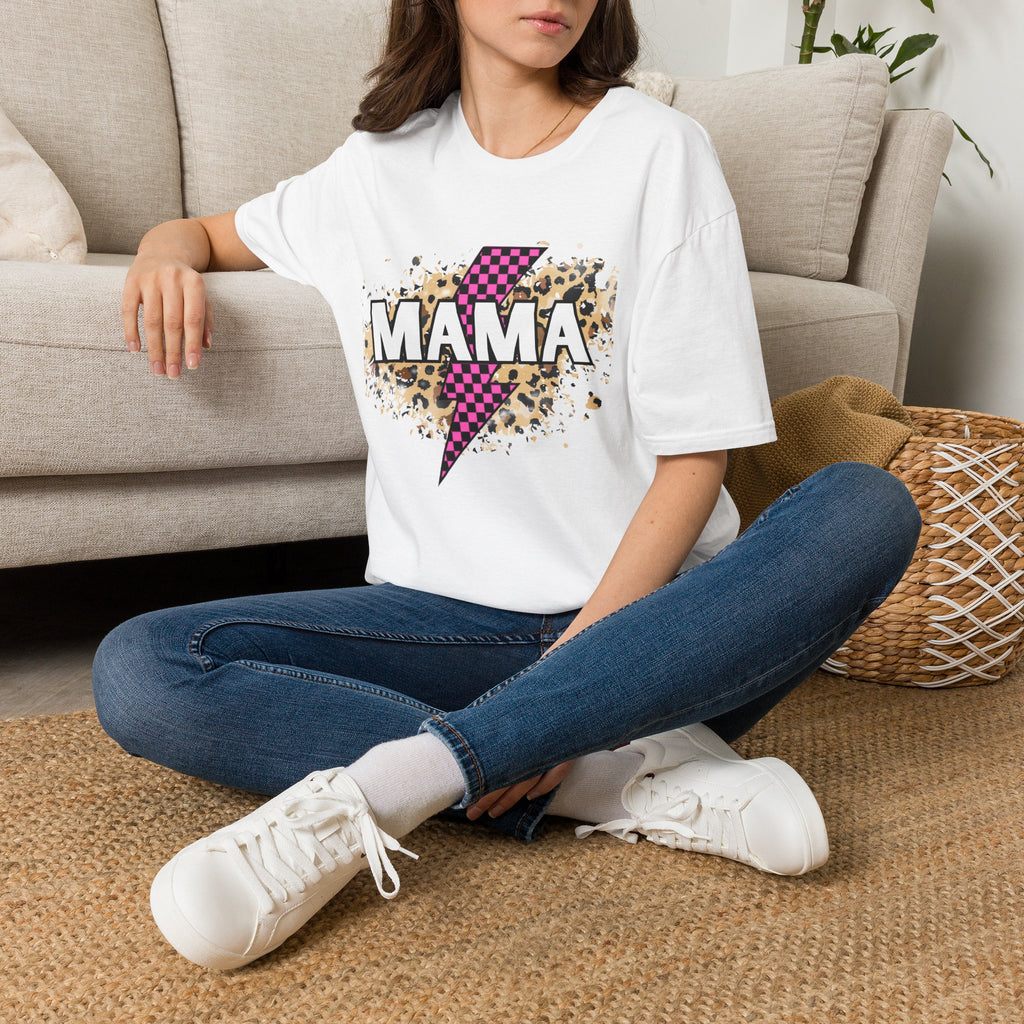 Mama Lightning Bolt Tee — Leopard & Pink Check Graphic T-Shirt for Moms