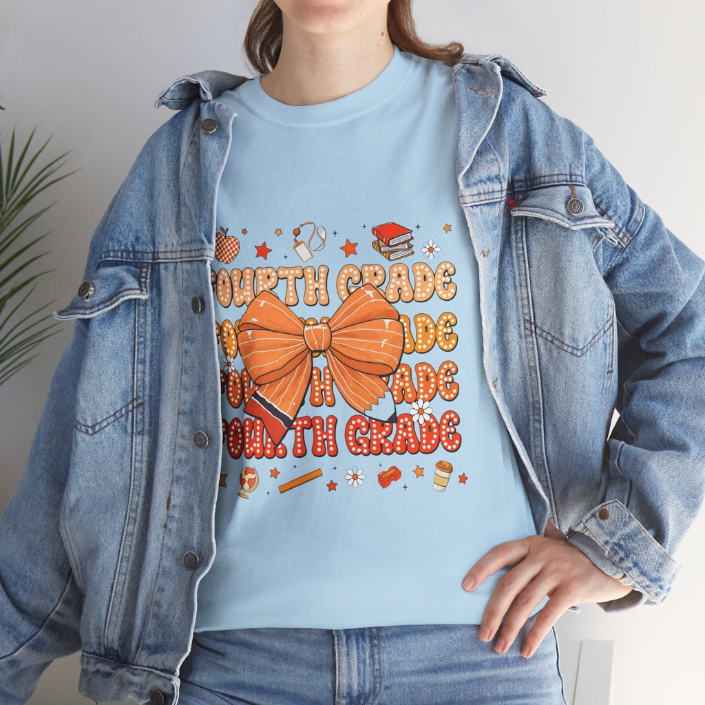 Fourth Grade Bow T-Shirt — Cute Orange School Teacher/Student Tee