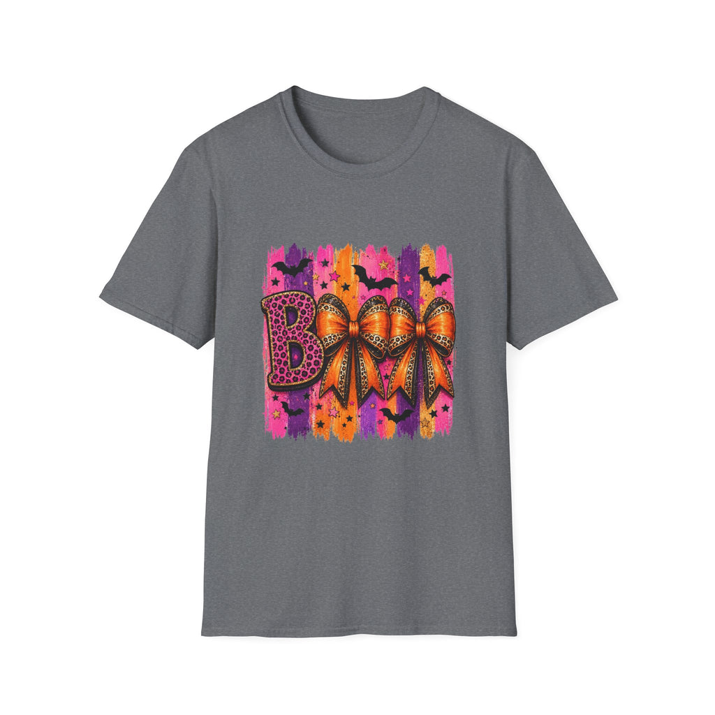 Halloween Bow T-Shirt — 'Boo' Graphic with Leopard & Bat Design