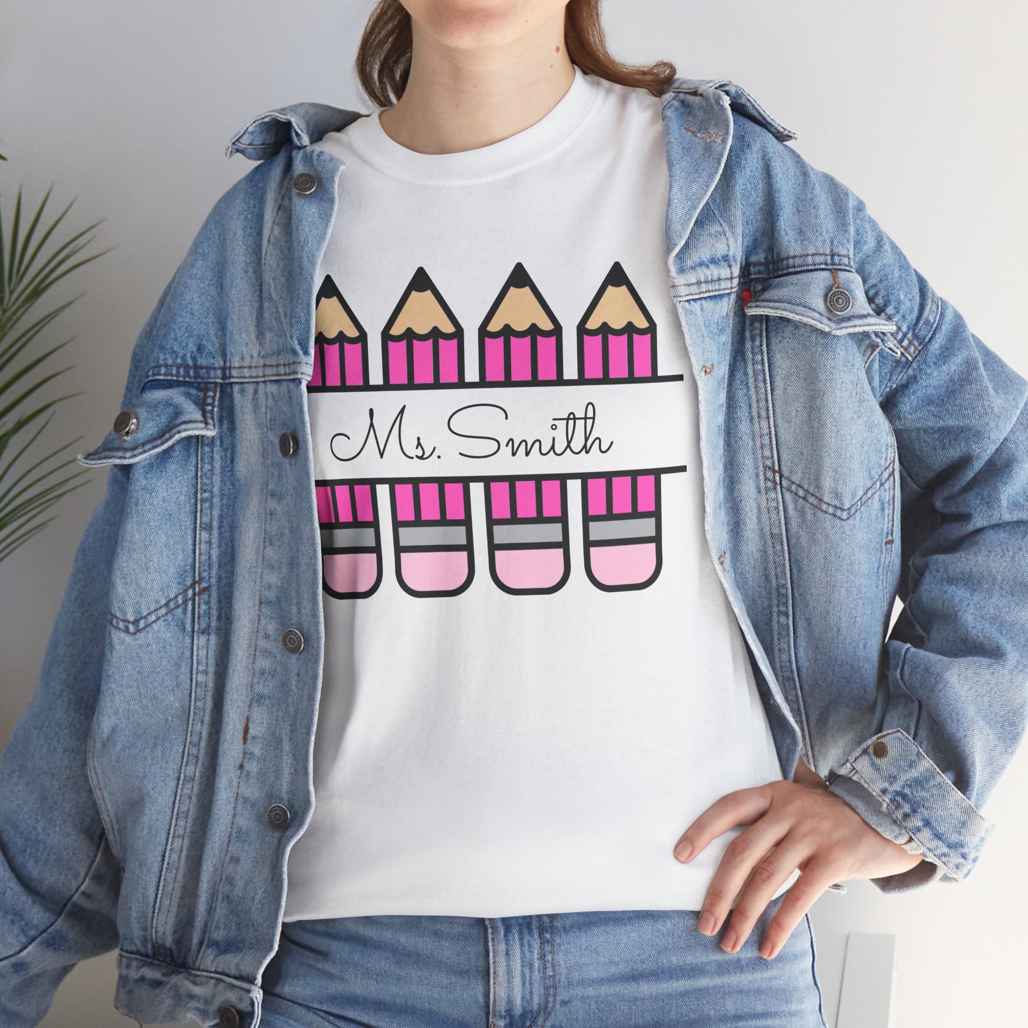Pink Pencil Name Teacher Tee | Personalized Classroom Shirt