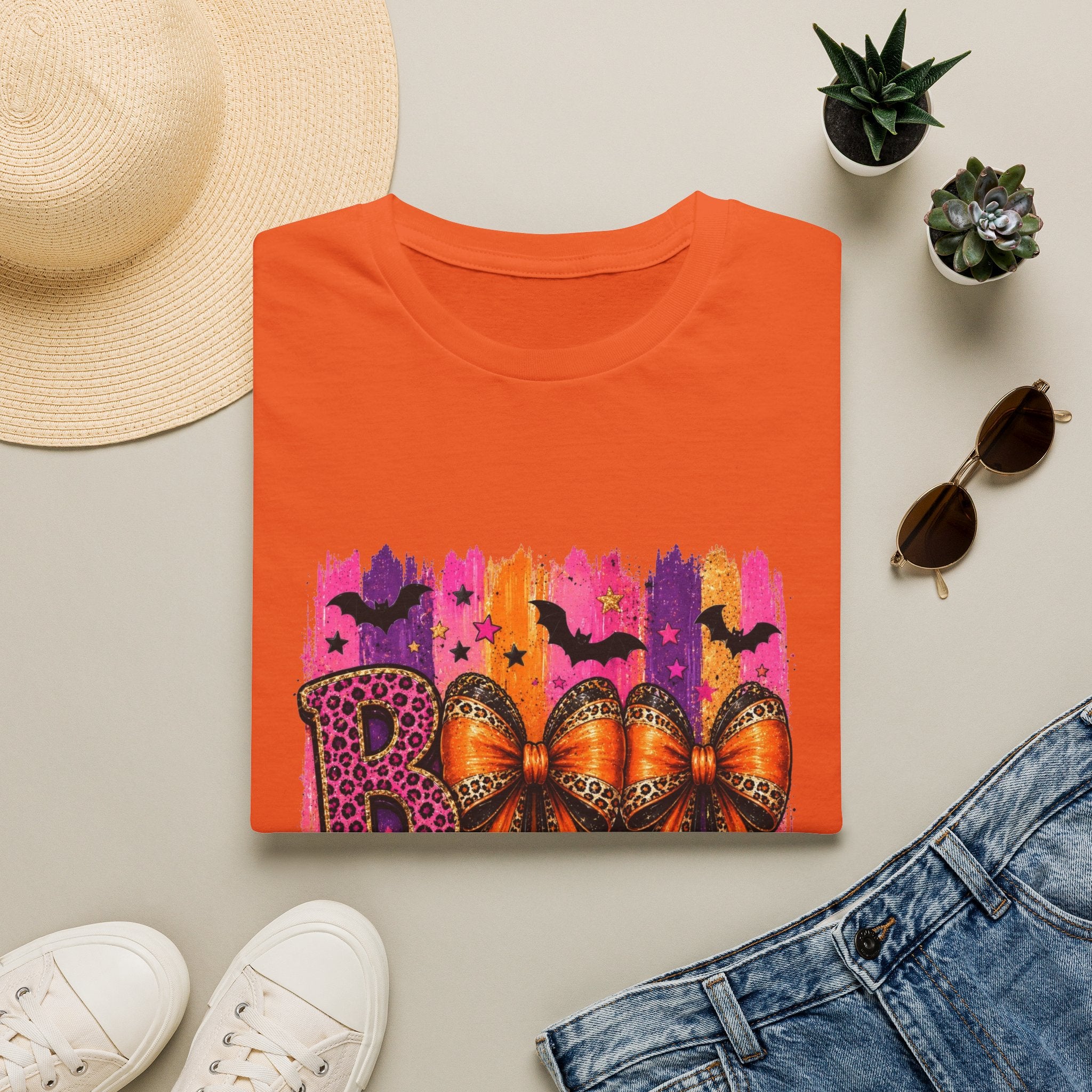 Halloween Bow T-Shirt — 'Boo' Graphic with Leopard & Bat Design