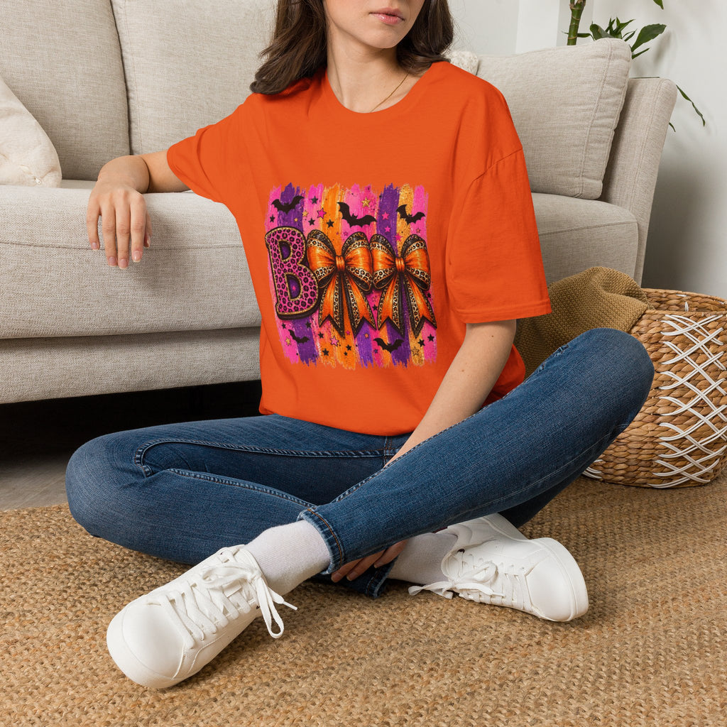 Halloween Bow T-Shirt — 'Boo' Graphic with Leopard & Bat Design