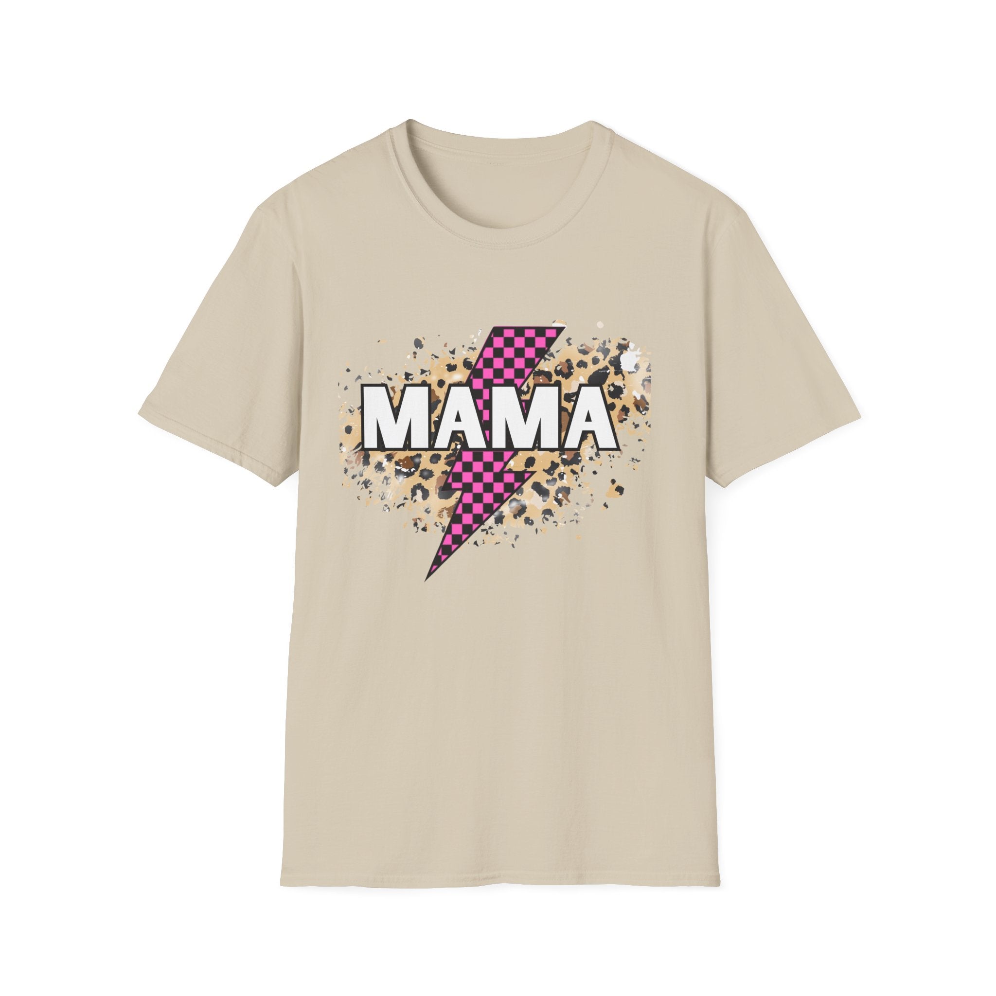 Mama Lightning Bolt Tee — Leopard & Pink Check Graphic T-Shirt for Moms