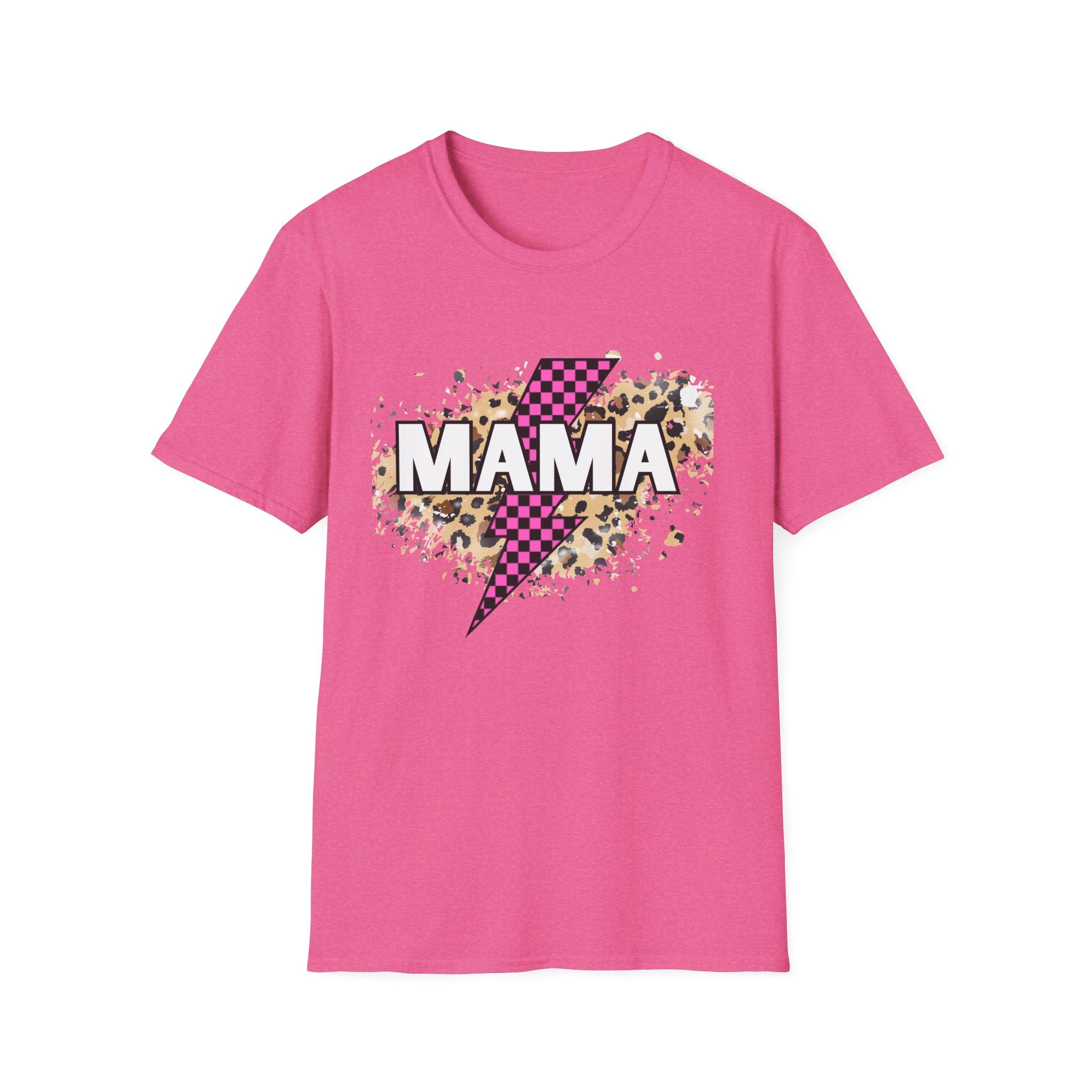 Mama Lightning Bolt Tee — Leopard & Pink Check Graphic T-Shirt for Moms