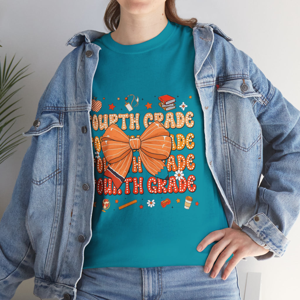 Fourth Grade Bow T-Shirt — Cute Orange School Teacher/Student Tee