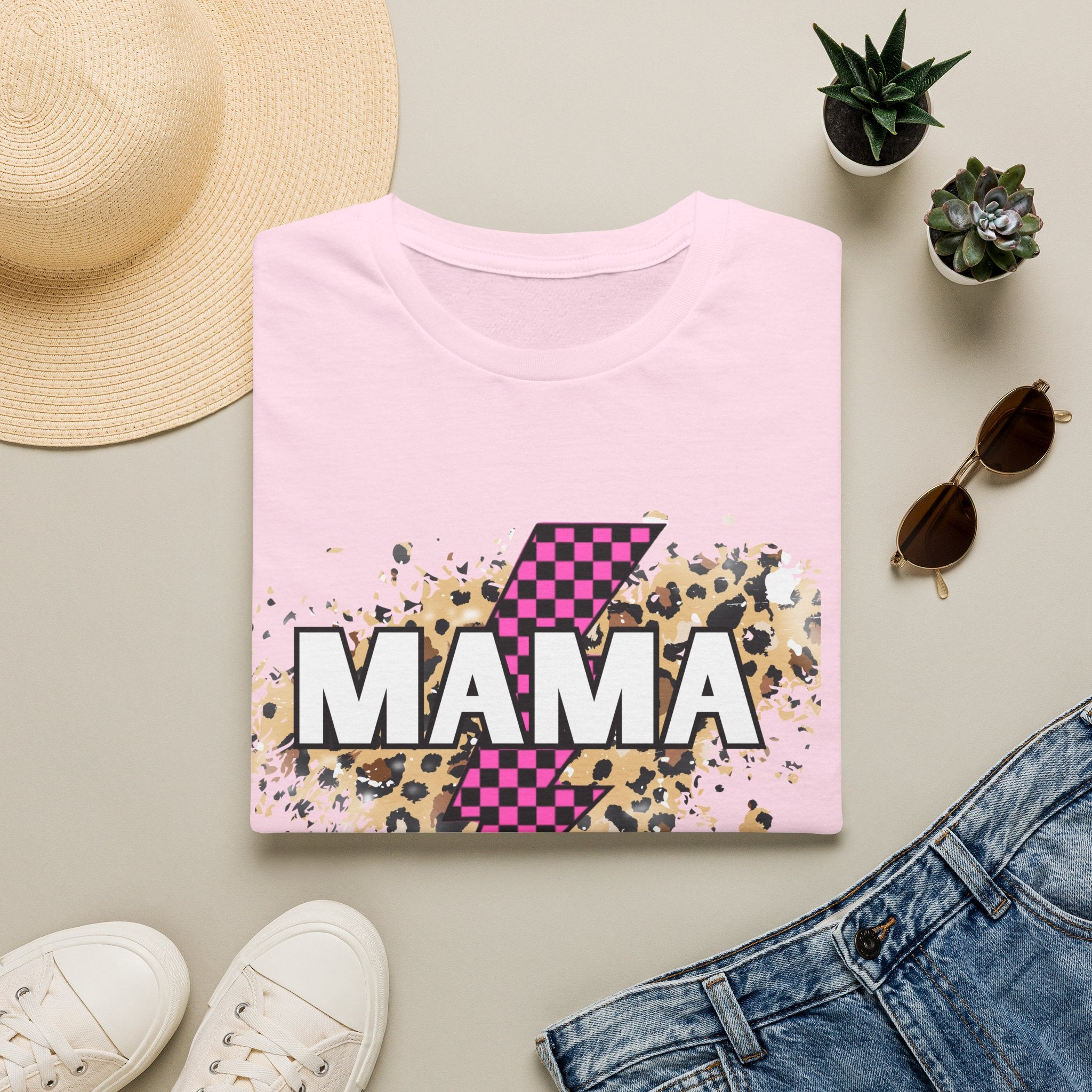 Mama Lightning Bolt Tee — Leopard & Pink Check Graphic T-Shirt for Moms