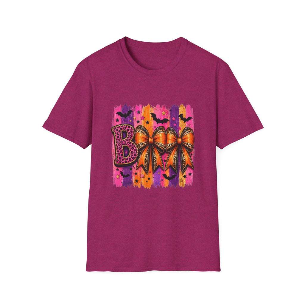Halloween Bow T-Shirt — 'Boo' Graphic with Leopard & Bat Design