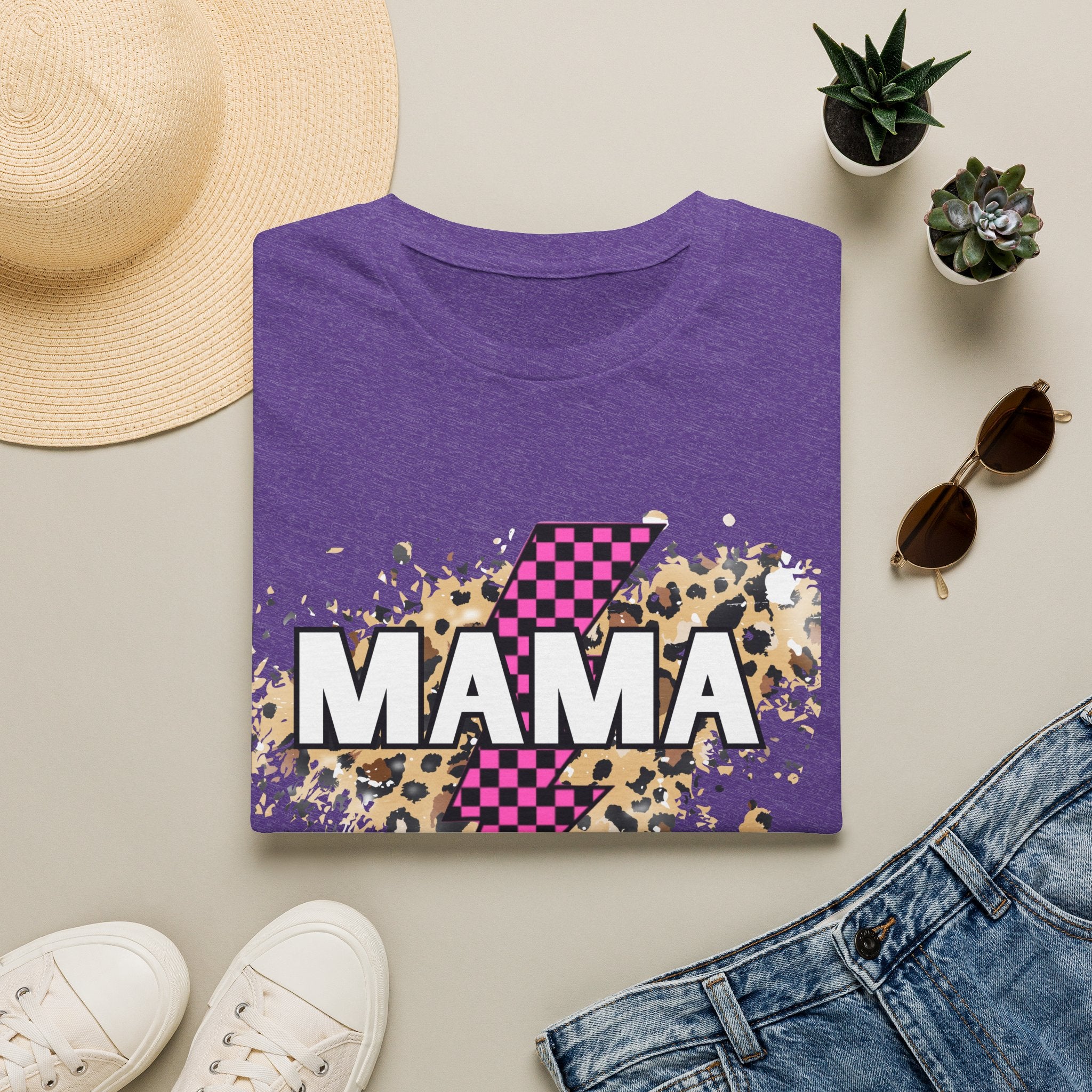 Mama Lightning Bolt Tee — Leopard & Pink Check Graphic T-Shirt for Moms