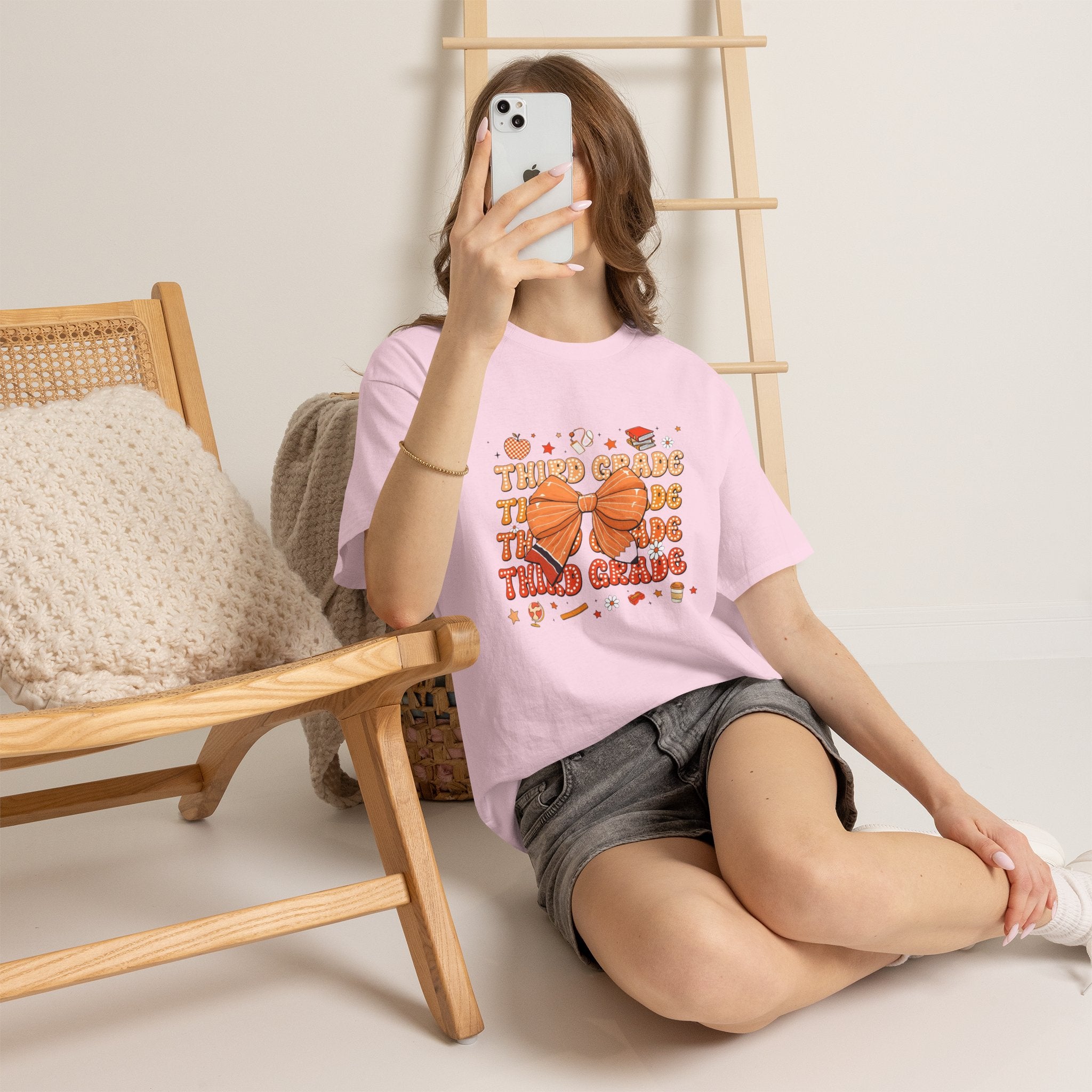 Third Grade Teacher Bow T‑Shirt — Cute Orange Back-to-School Tee