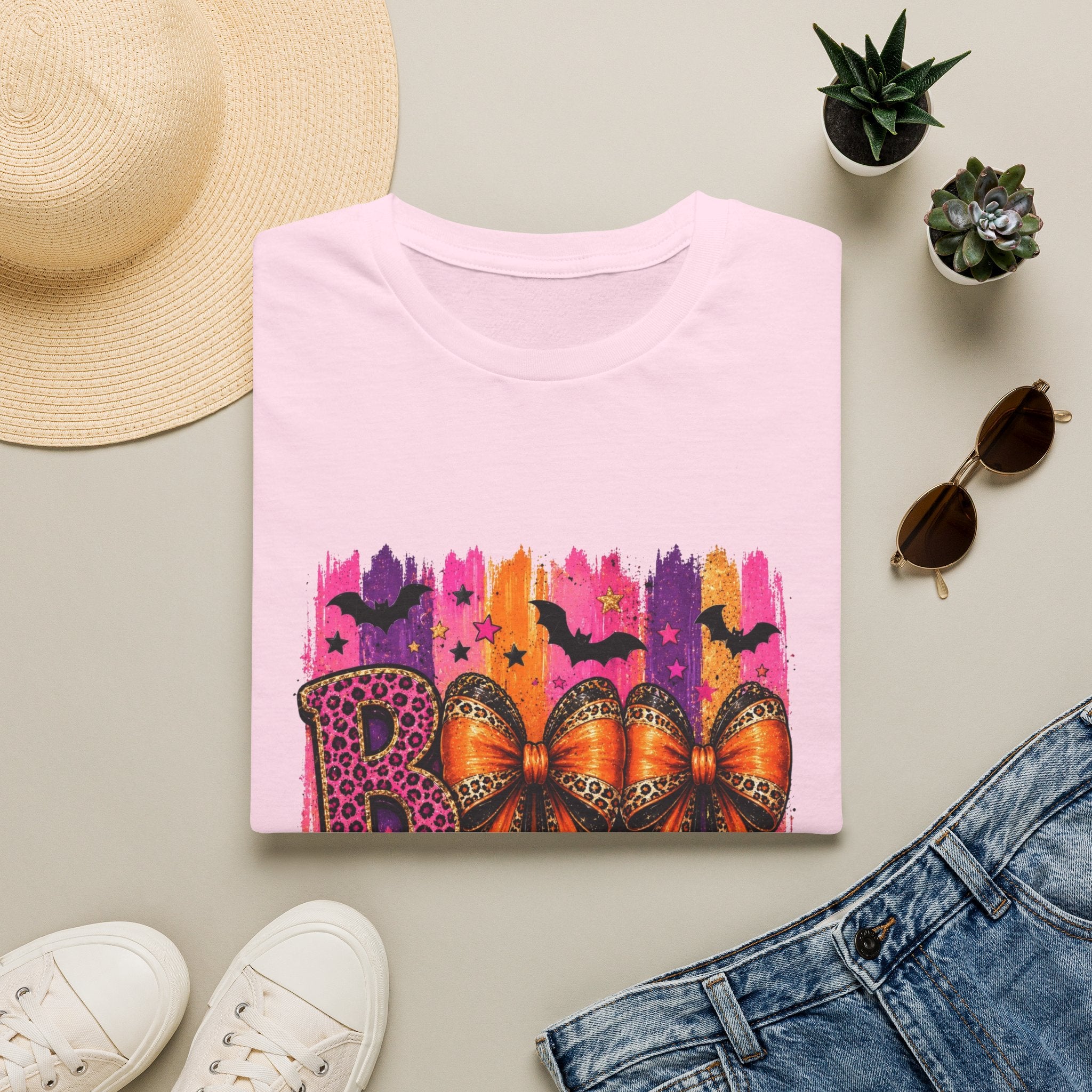 Halloween Bow T-Shirt — 'Boo' Graphic with Leopard & Bat Design