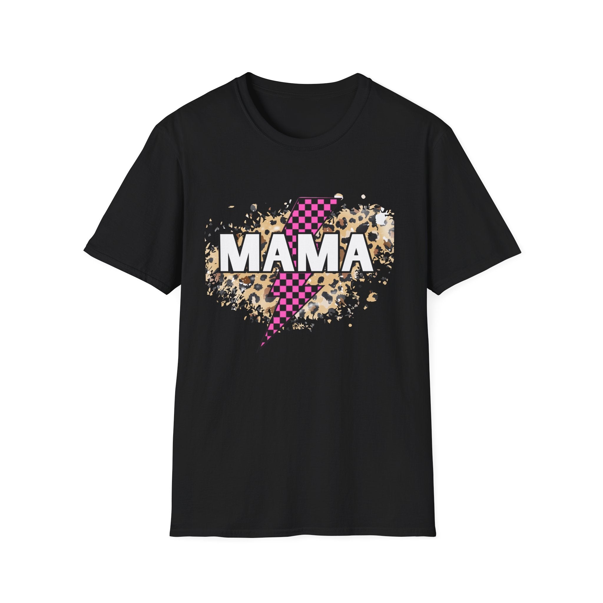 Mama Lightning Bolt Tee — Leopard & Pink Check Graphic T-Shirt for Moms