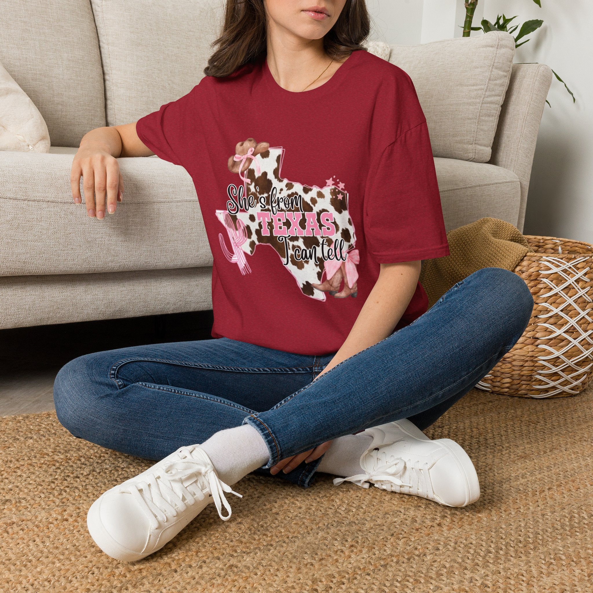 She’s From Texas Cowhide State T-Shirt — Pink Floral Lone Star Tee
