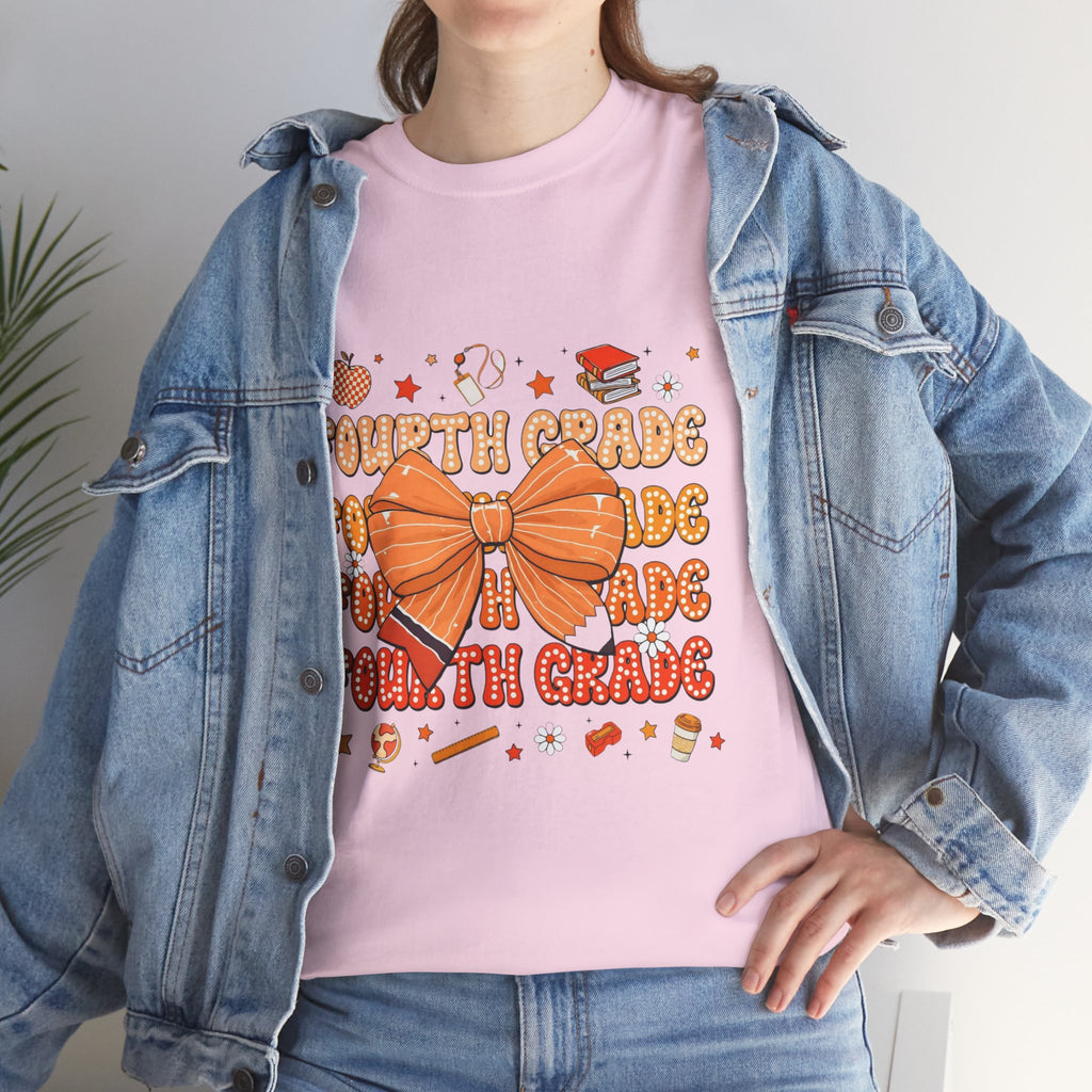 Fourth Grade Bow T-Shirt — Cute Orange School Teacher/Student Tee