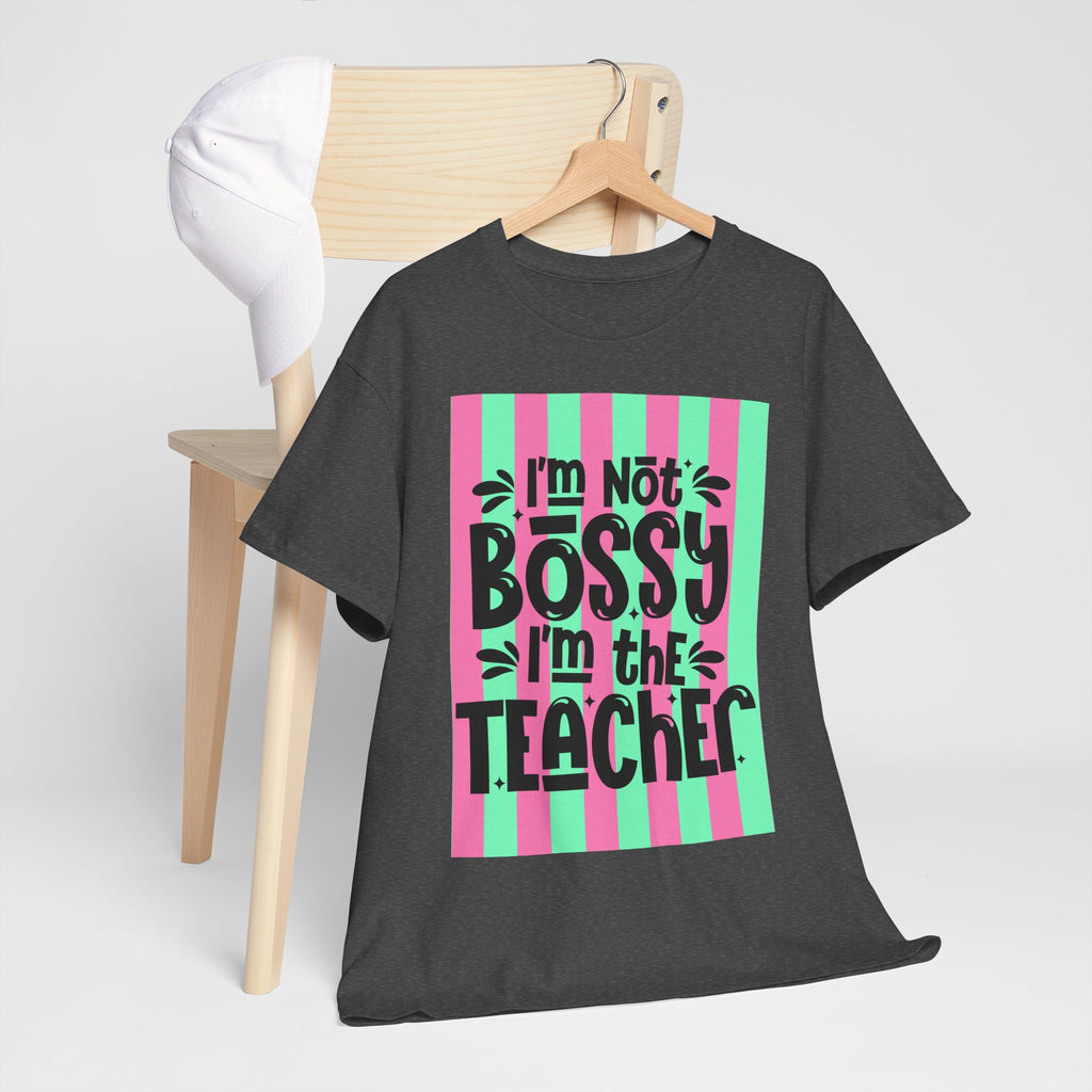 Teacher T-Shirt — "I’m Not Bossy, I’m the Teacher" Striped Pink & Mint Design