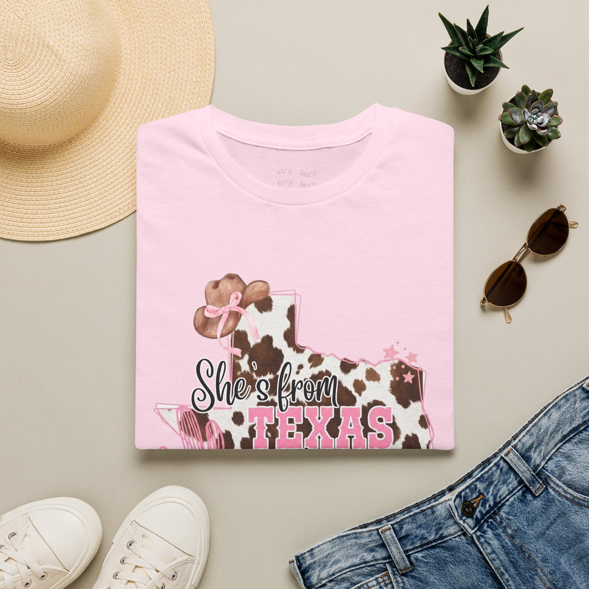She’s From Texas Cowhide State T-Shirt — Pink Floral Lone Star Tee