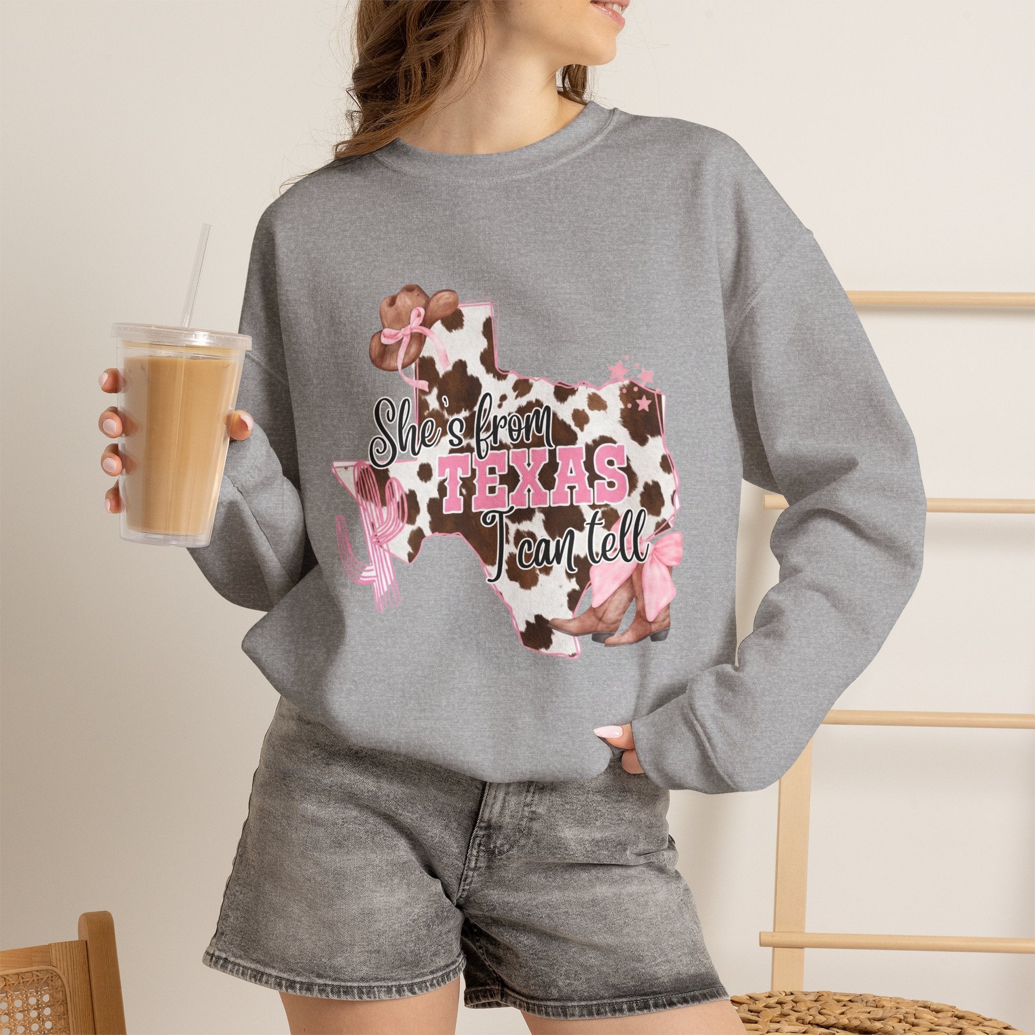 Texas Cowhide Pink Ribbon Sweatshirt - Showin' Texas Y'all Breast Cancer Awareness Crewneck