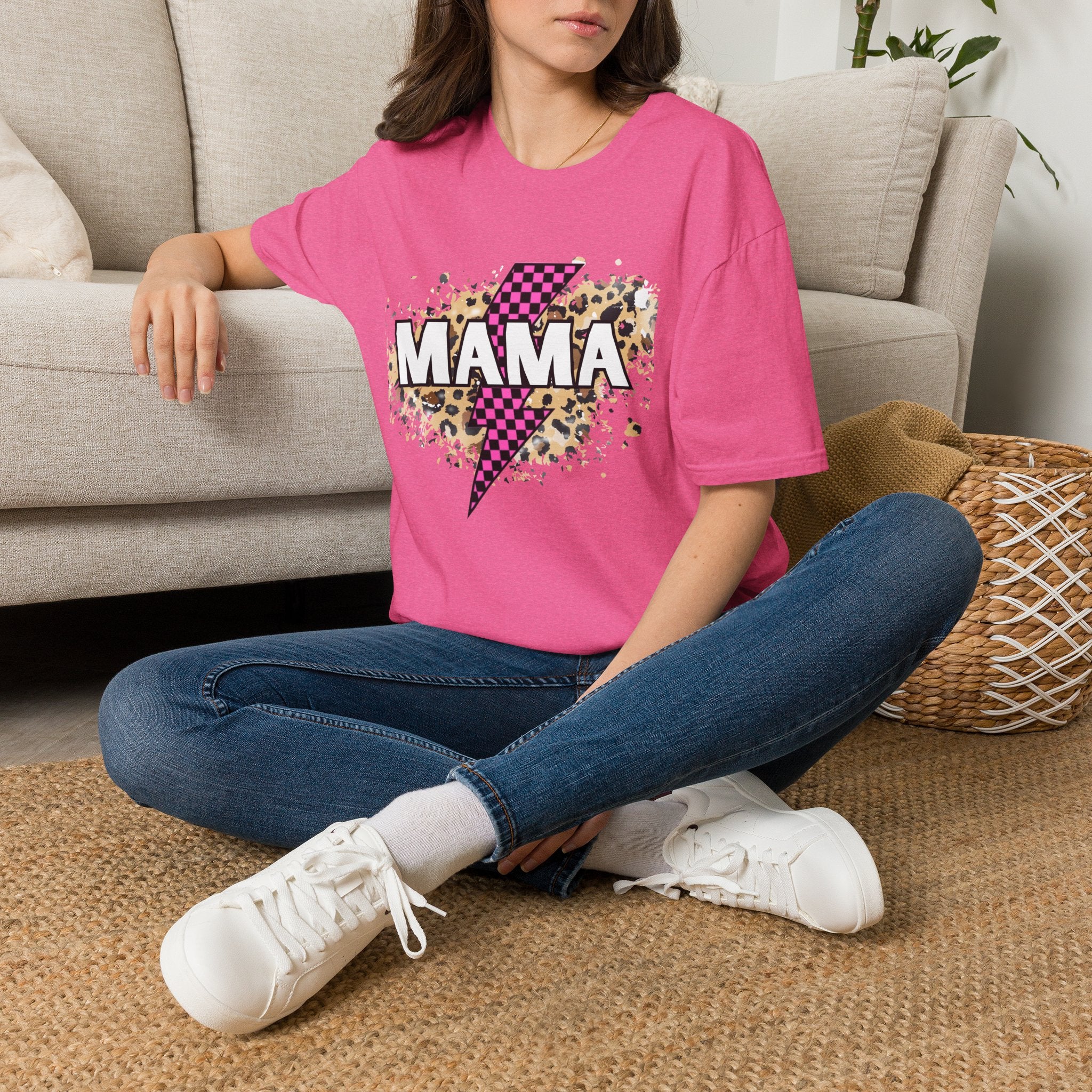 Mama Lightning Bolt Tee — Leopard & Pink Check Graphic T-Shirt for Moms