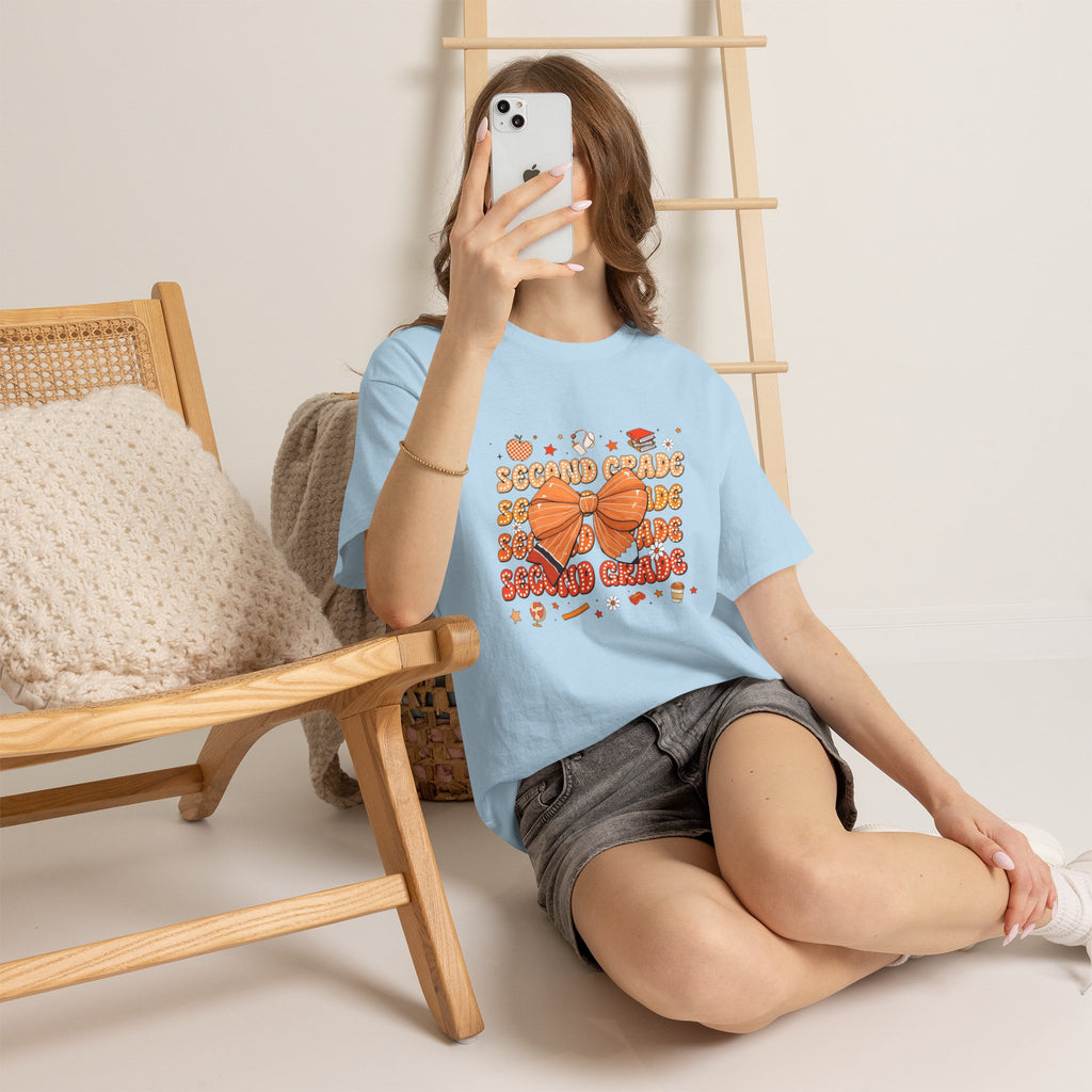 Second Grade Bow T-Shirt - Cute Orange School Teacher Kid Back to School Tee