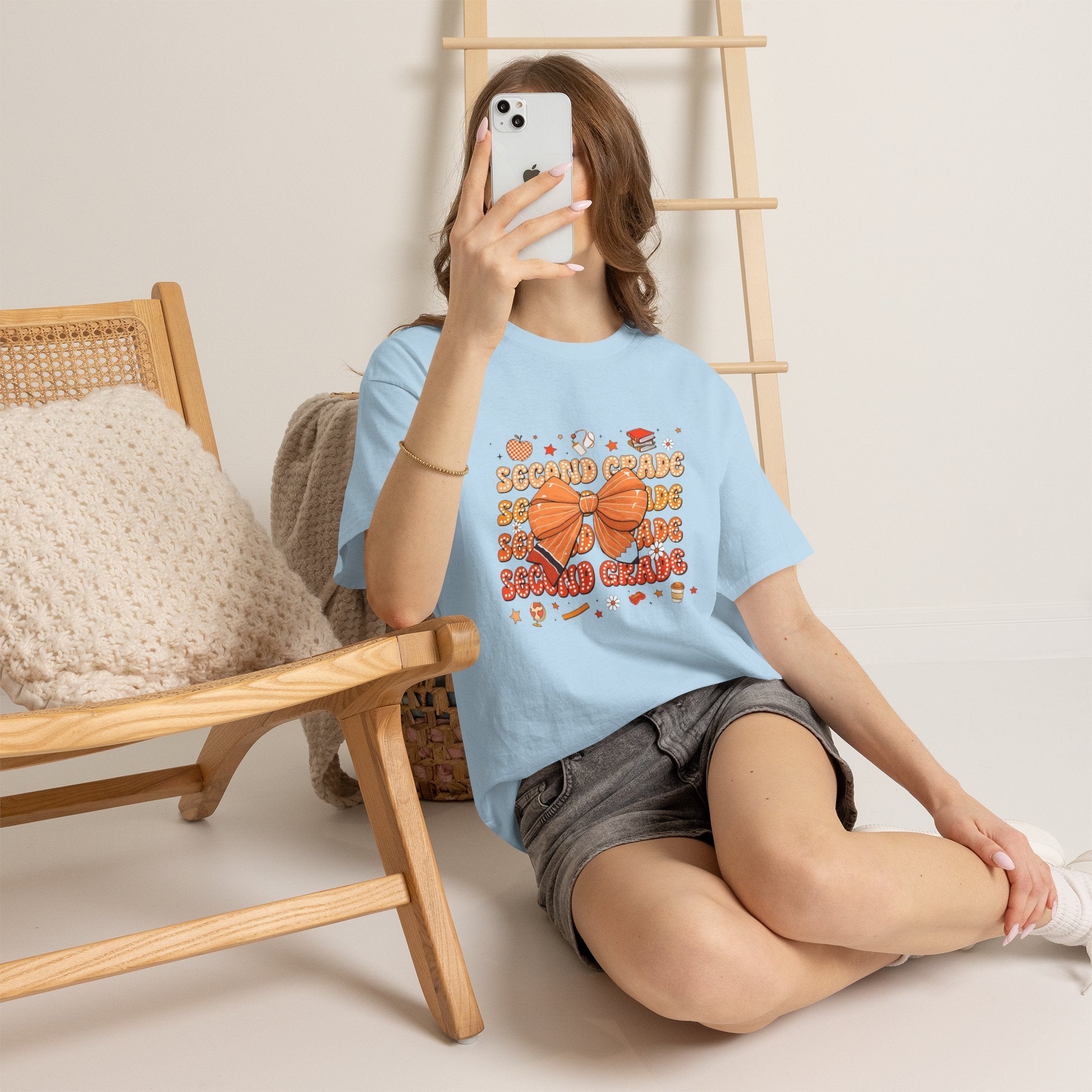 Second Grade Bow T-Shirt - Cute Orange School Teacher Kid Back to School Tee