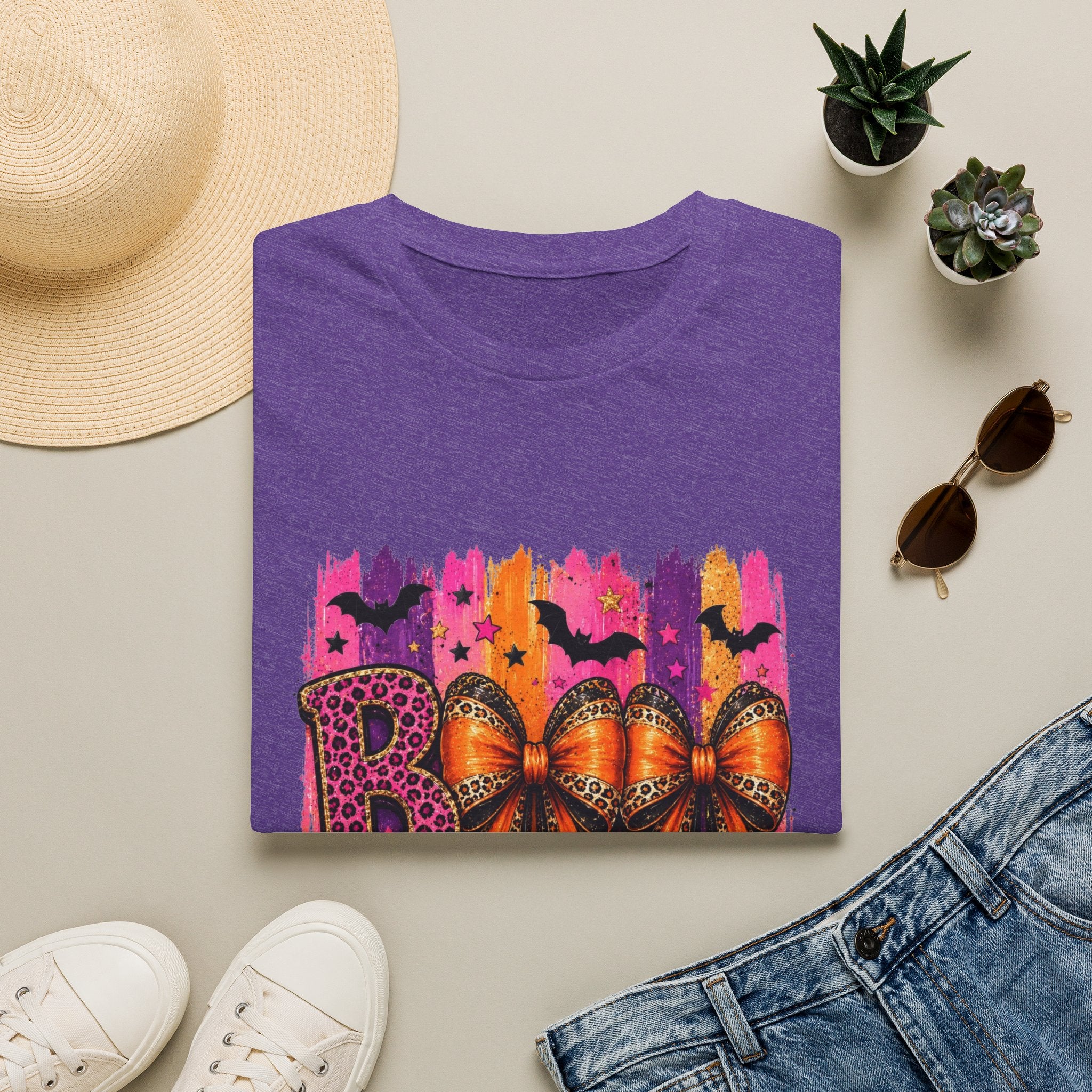 Halloween Bow T-Shirt — 'Boo' Graphic with Leopard & Bat Design